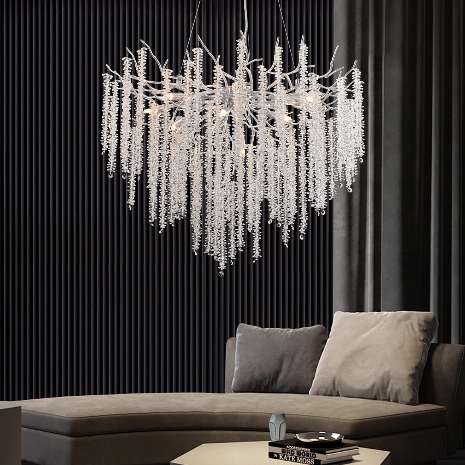 AHXIAOZN Lampadario moderno in cristallo, luci rotonde per lampadari G9, lampada a sospensione in cristallo K9, per soggiorno, sala da pranzo, ristorante (argento, 80 cm)