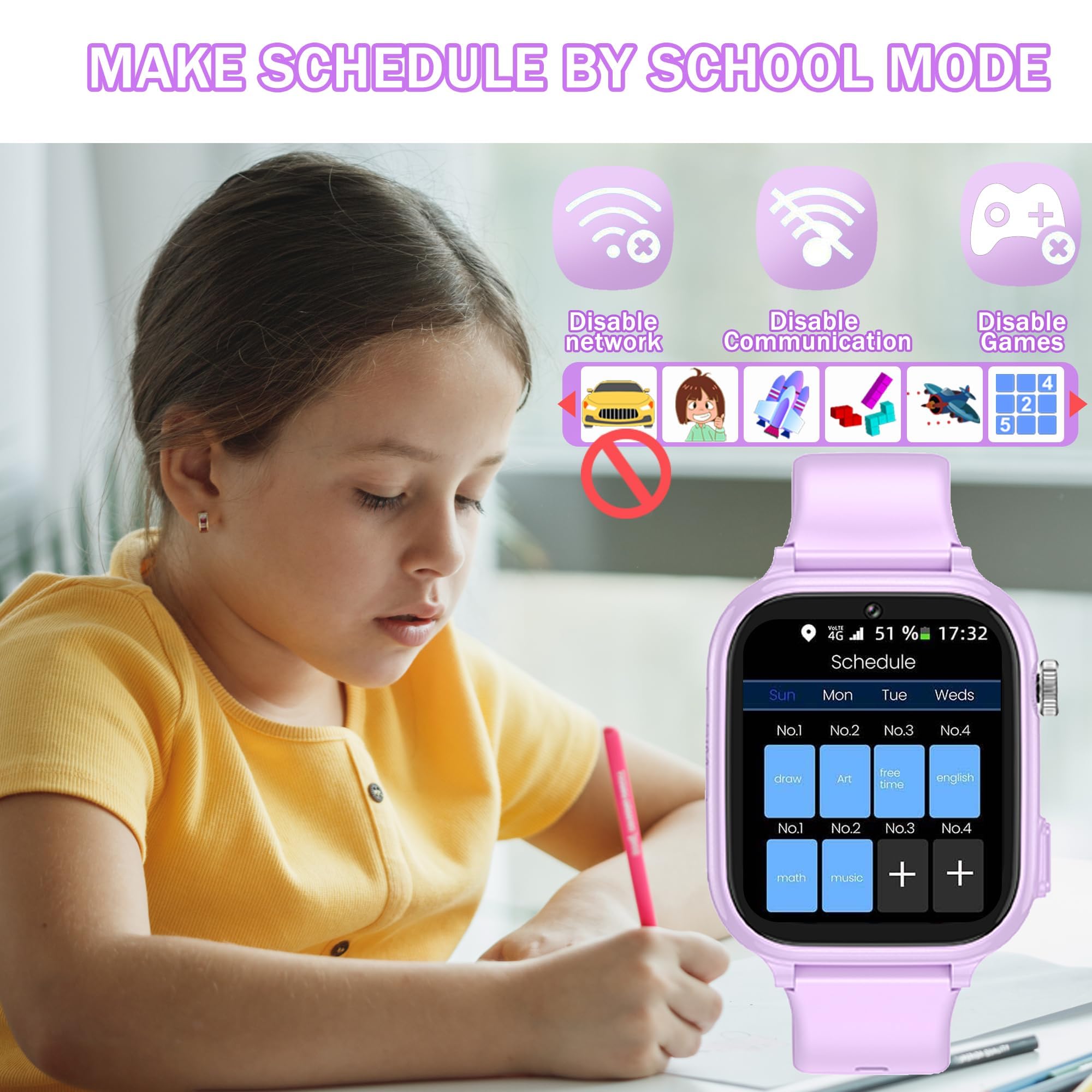 Montre Connectée Enfant GPS, 4G Montre Connectée Ado avec Telephone Appel Vidéo, WiFi, Bluetooth, SOS, Mode Classe, Face ID, App Store, Whatsapp, Réveil, IP68 Smartwatch Enfants Cadeaux (Violet)