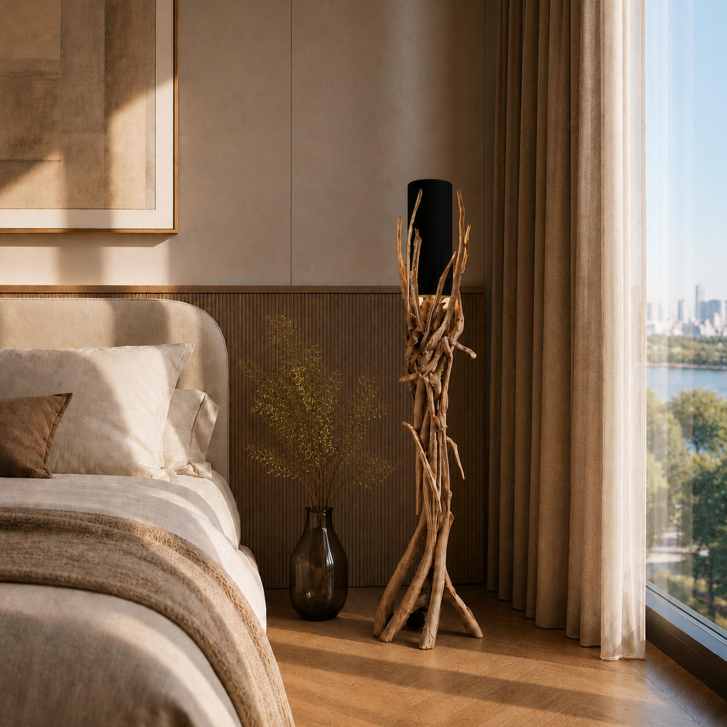 Bressmer VILLA Premium-Qualität Treibholz-Stehlampe | Handgefertigte Stehlampe aus recyceltem Teakholz | Luxuriöse Stehleuchte Holz für das Wohnzimmer mit schwarzem Leinenschirm & E27-Fassung