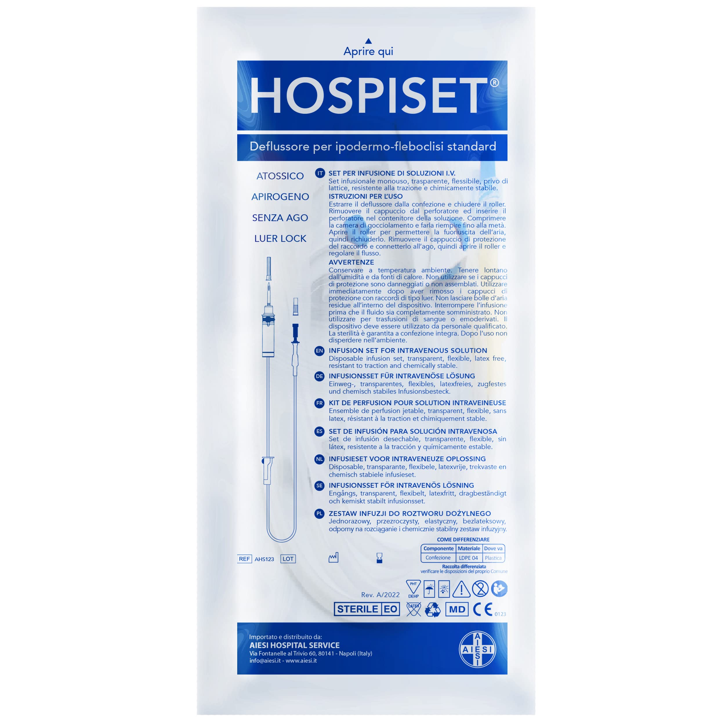 AIESI® Set de perfusion venoso desechable con conexión luer lock HOSPISET (Paquete de 25 piezas), Sin látex estéril, Sin agujas