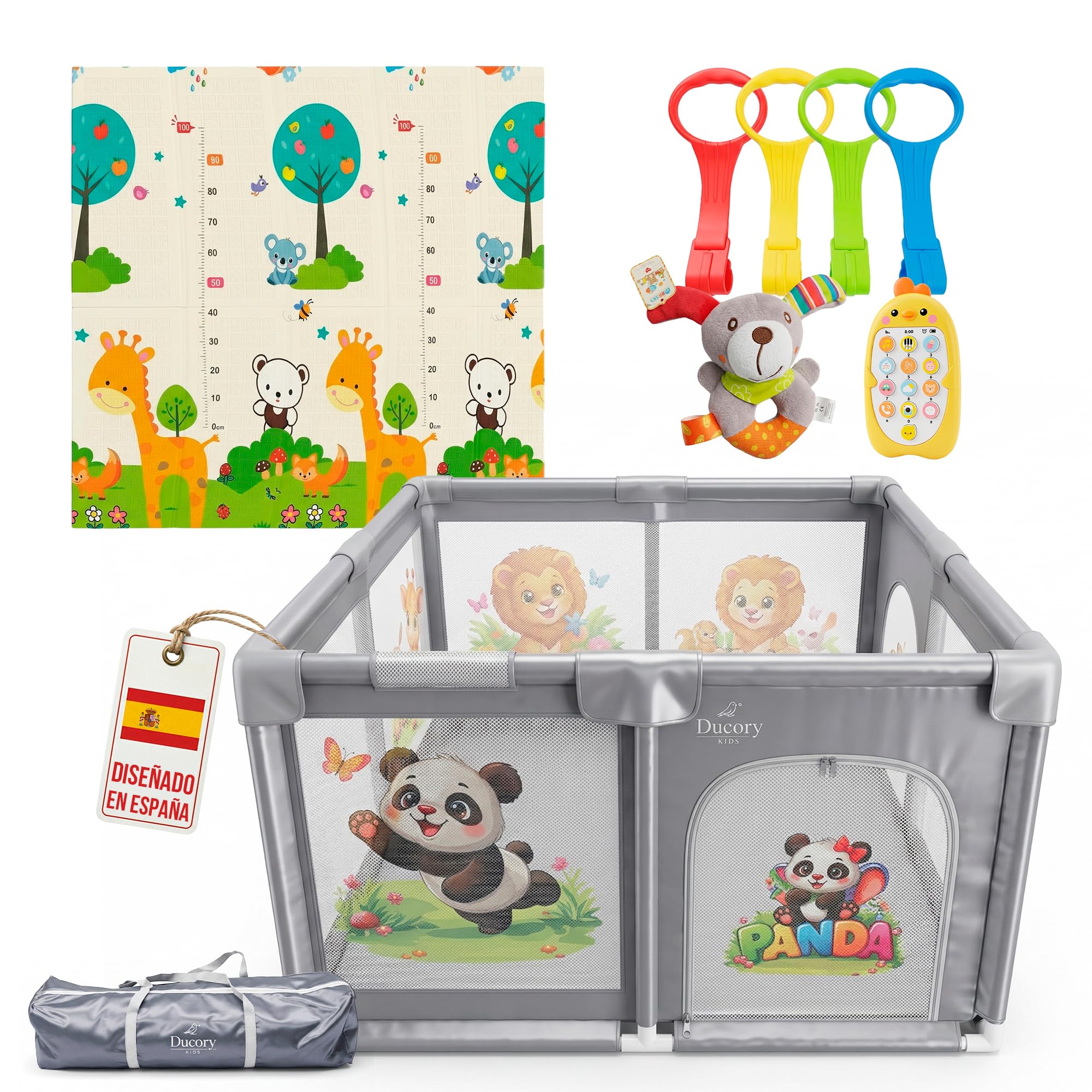 Ducory Parque Infantil Bebe 120X120 X75cm Altura, 2 Puertas, Alfombra Acolchada Plegable, Incluye Bolsa de Transporte + 4 Agarraderas + Juguete Educativo Musical + Sonajero, Corralito Bebe