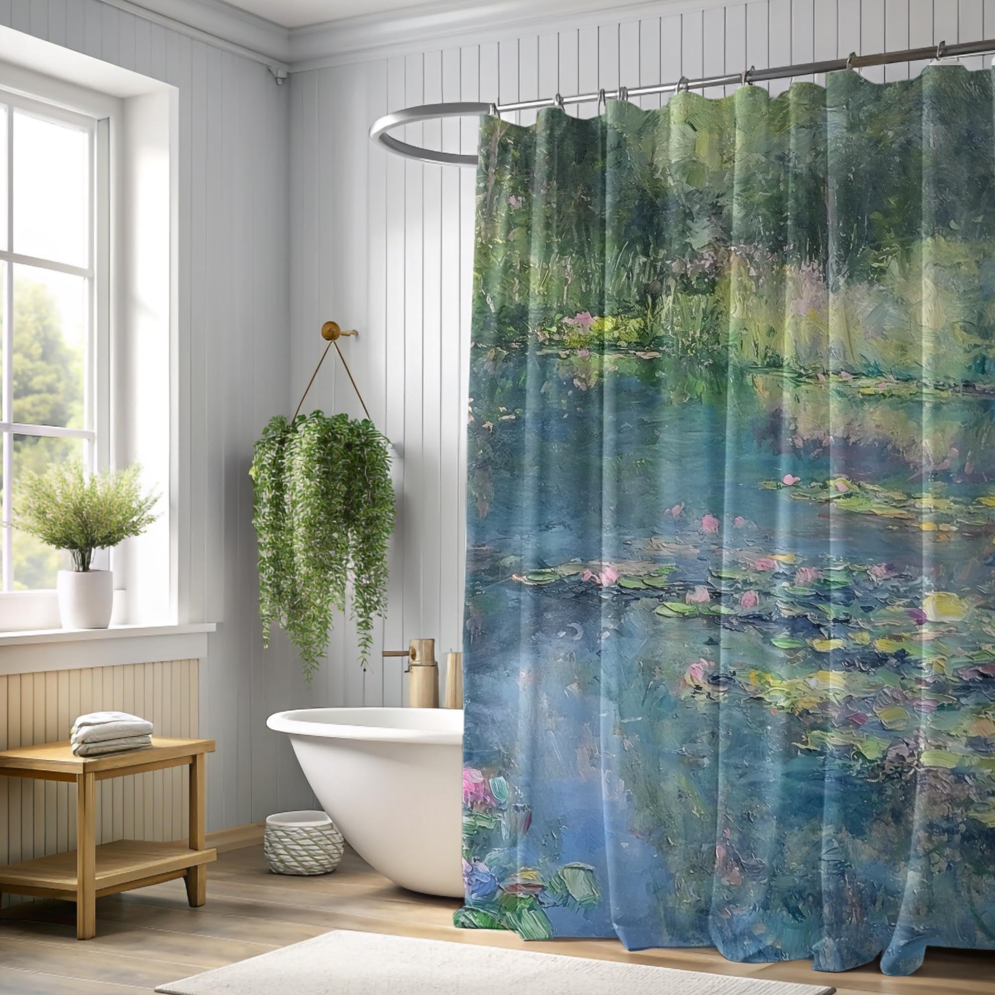 Abstrakter Duschvorhang - Ruhiger Monet-Gartenteich-Duschvorhang - mit 12 Haken, inspiriert vom Monet-Impressionismus 240 x 180 cm (B x H) Stoffduschvorhang