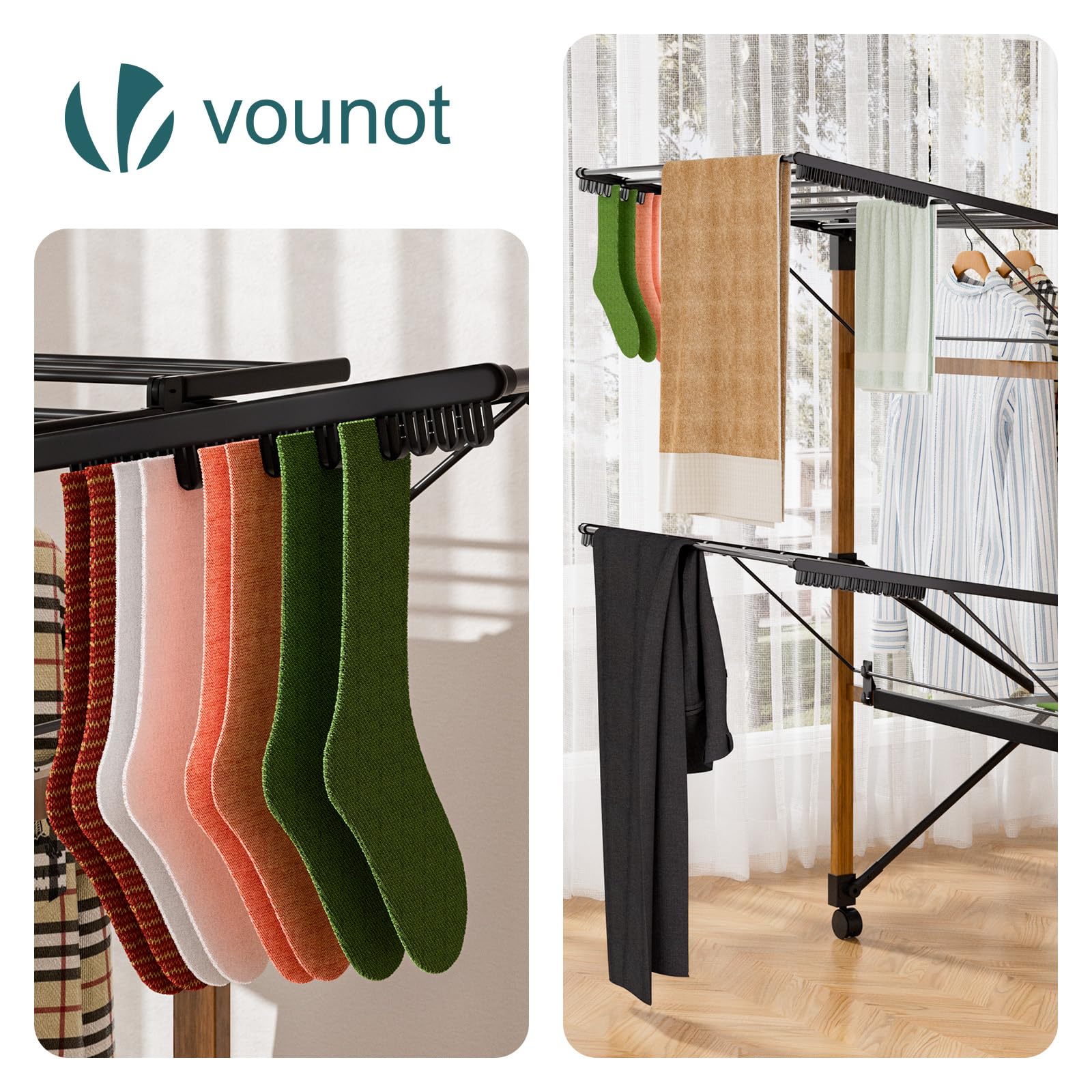 VOUNOT® Wäscheständer ausziehbar, Standtrockner mit Rollen & Wäschenetz, Flügel Wäscheständer Wäschetrockner, Trockenlänge 30m, platzsparend, klappbar, für Innen und Außen, 173x94x123cm, Schwarz
