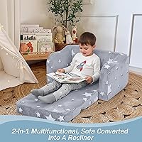 Vista 4 de MeMoreCool Kids Glow Star Sofa Chair – 2-in-1 Foldable Toddler Lounger, Gray Convertible Couch for Playroom or Nursery Soft Foam Seat
