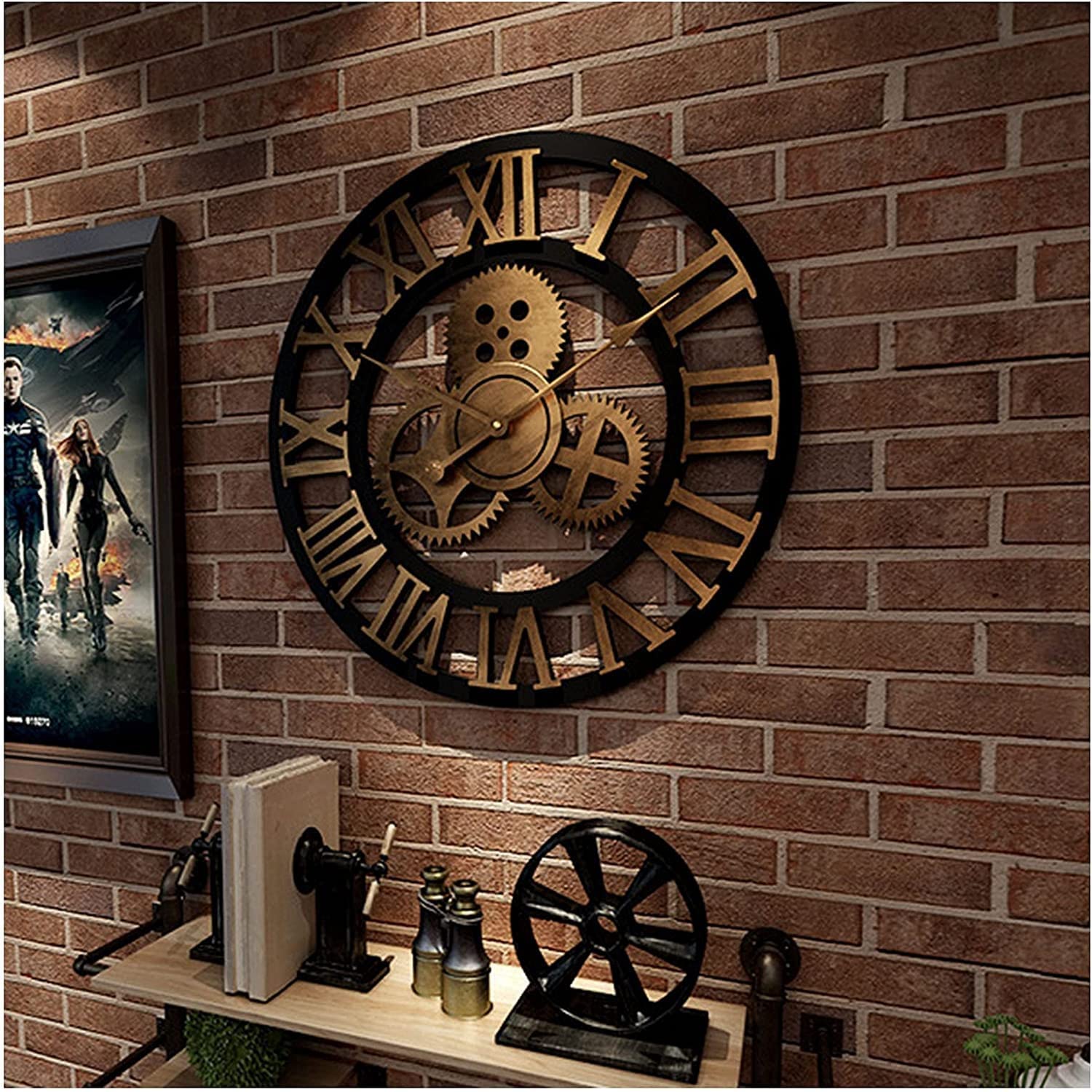 Cichy Zegar ścienny Z Cyframi Rzymskimi, Duży Zegar Bez Tykania, Dekoracyjny Zegar W Stylu Vintage, Wykonany Z Litego Drewna (Black gold 45 cm)