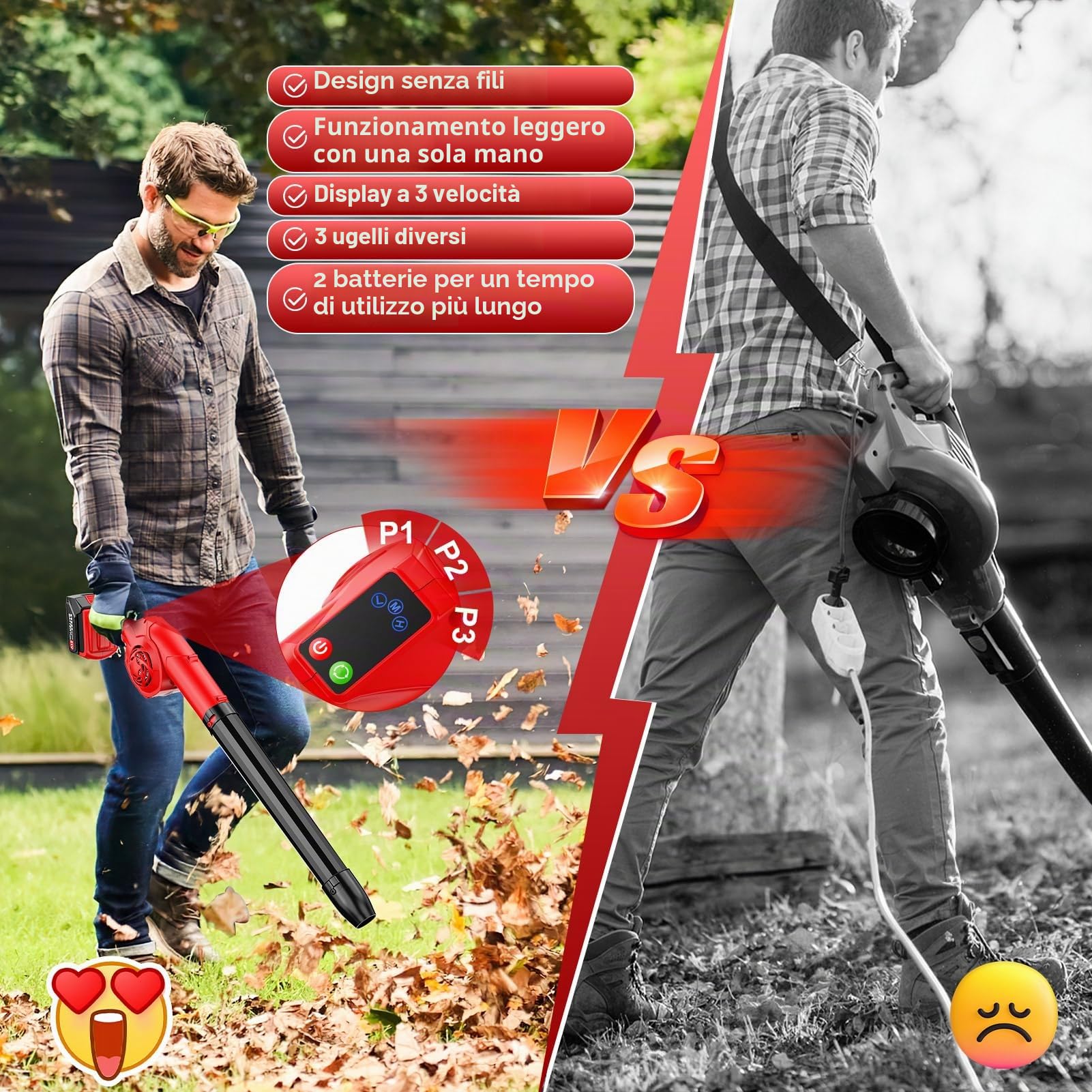 Soffiatore per foglie senza fili con batterie 21V 2*3000mAh e caricabatterie, soffiatore elettrico 320CFM 180MPH, 3 livelli di velocità e 3 tubi di soffiaggio, soffiatori da giardino leggeri con turbo