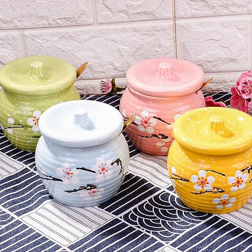 Miniatura 5 de Tarro de especias de cerámica de estilo japonés con tapa y cuchara de acero inoxidable - Bonito diseño de conejo, almacenamiento hermético de