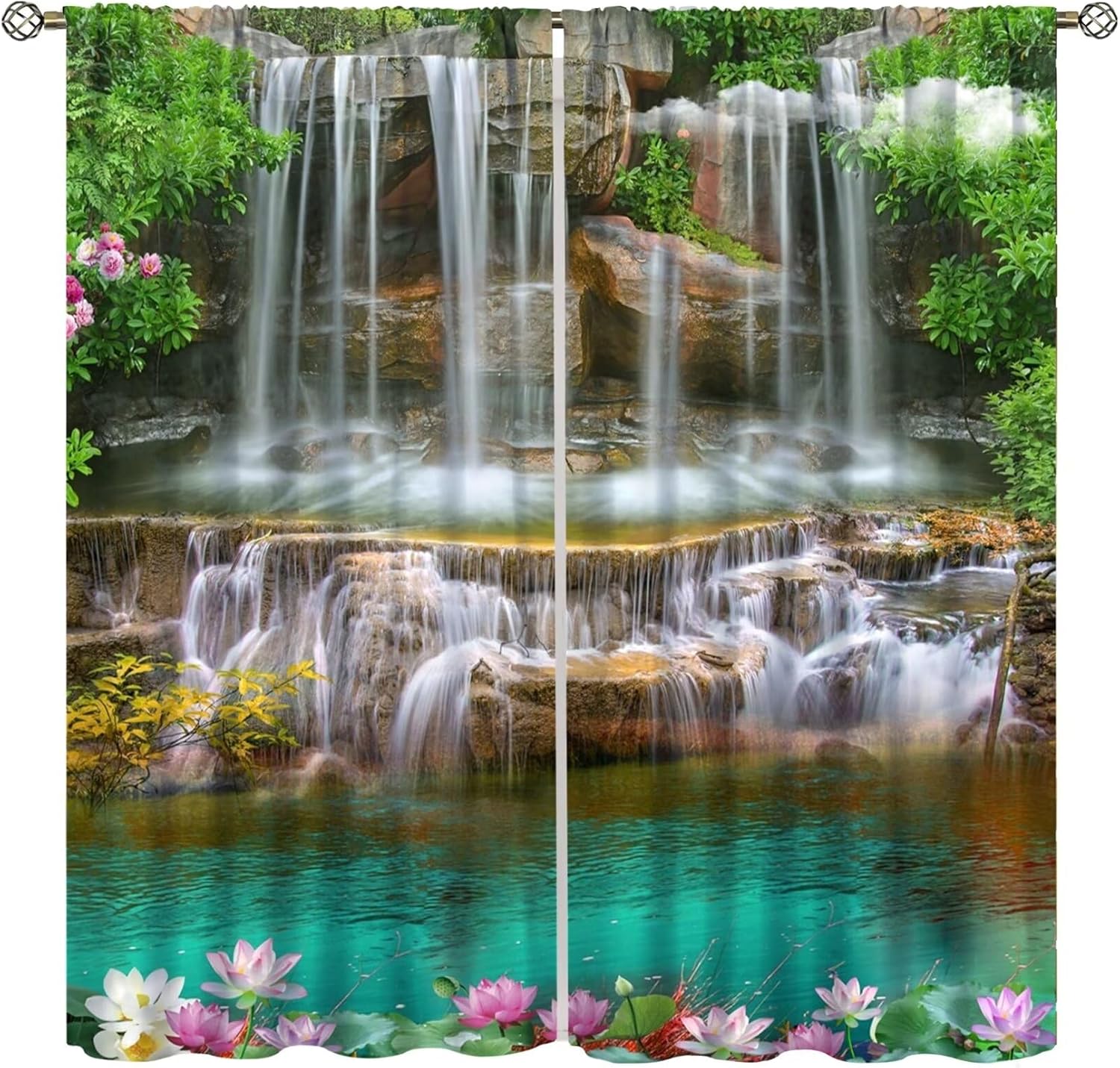 Waterfall Curtains,Rocky Waterfall to Pond Running Off Scenic Nature Themed Picture Print, Living Room Bedroom Window Drapes Set 2 Panels,42x63 Inches 21"W x 63"L (Pack of 2) Waterfall