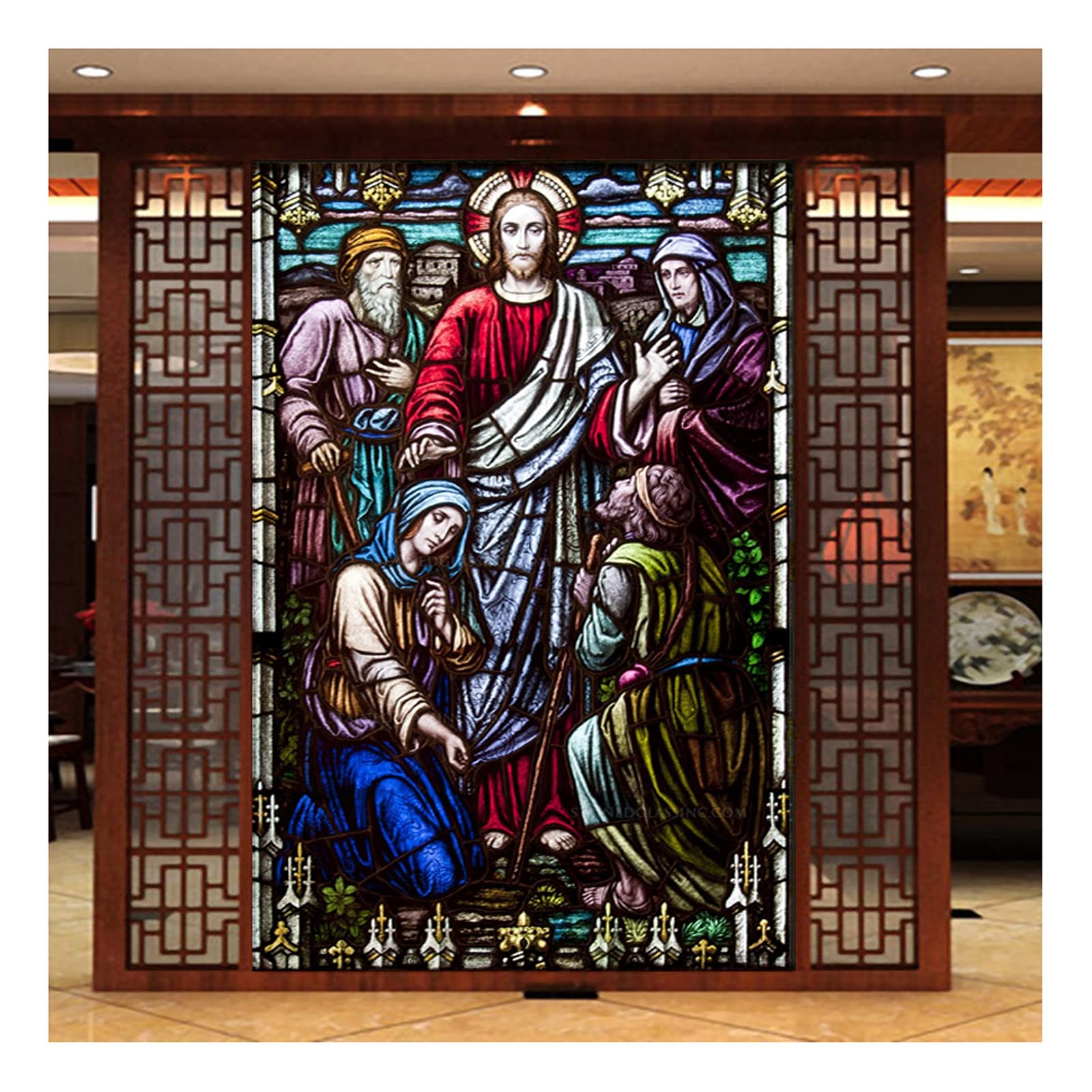 Window Film, Church Stained Glass Decorative Film Anti-UV Anti-UV Static Privacy Clings Film Jesus Religious Figures Decor,17,60x90cm