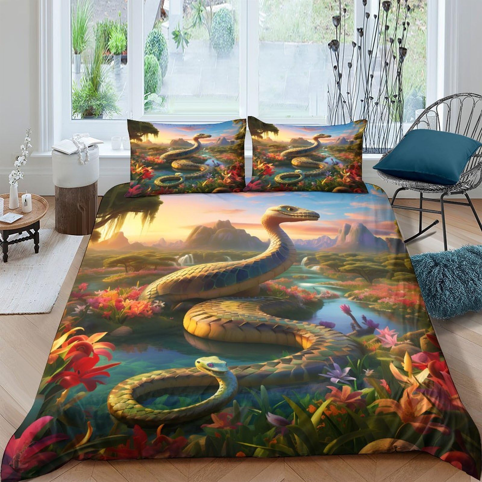 Mythische Schlange 3-teiliges Reines Polyester Fantasy Landschaftskunst Bettbezugset, Versteckter Reißverschluss, Für Kleinkinder, Babysicher & Gifffrei, Pflegeleicht King（220x240cm）