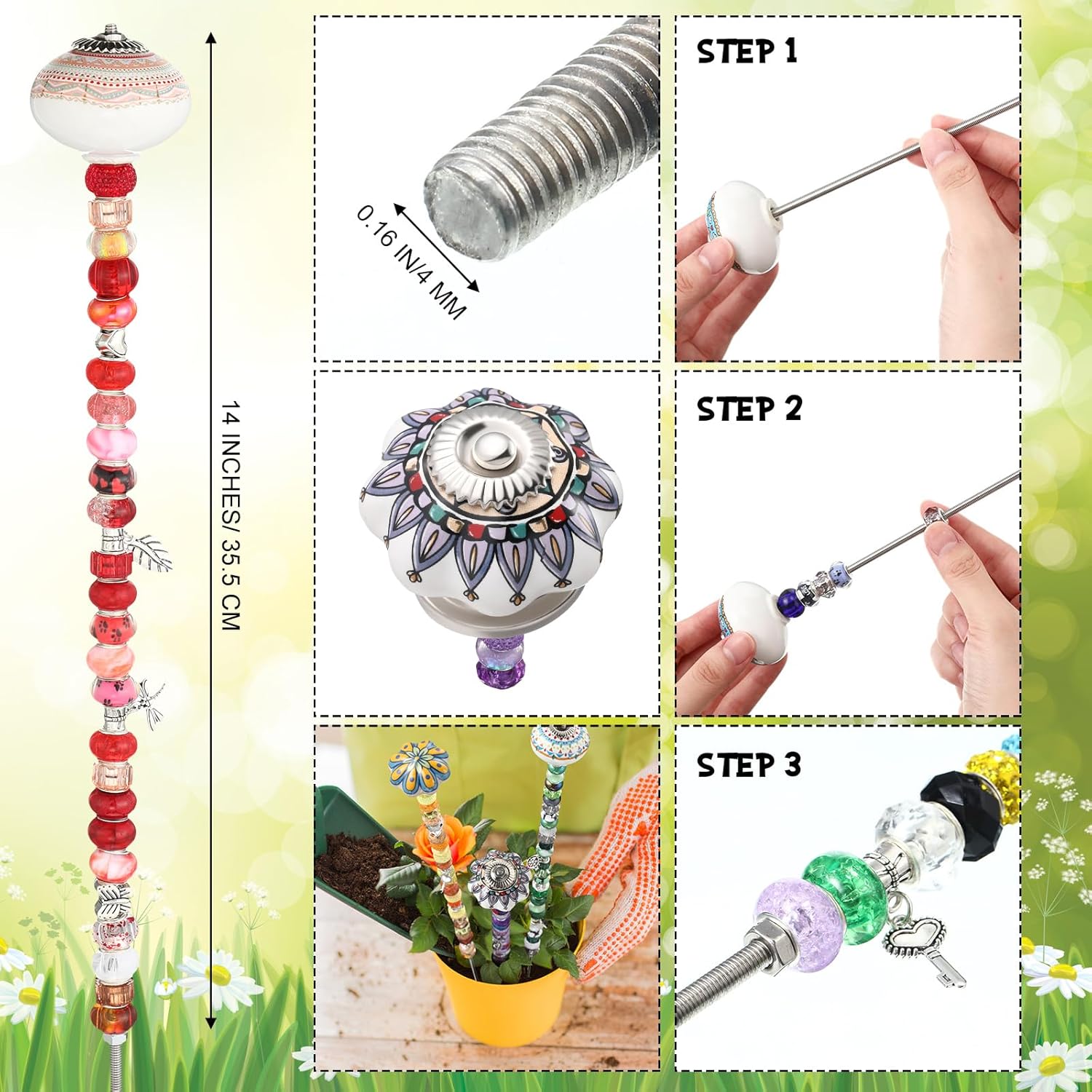 255 Pcs 14 Inch Garden Stakes Decorative Ceramic Mushroom and Pumpkin Round Beaded Garden Stakes Decor Fairy Sticks for Indoor Outdoor Yard Lawn Pathway Patio Decoration - Image 2