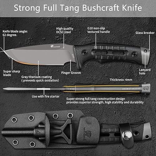 Miniatura 3 de HX OUTDOORS Cuchillo de hoja fija con arrancador de fuego, cuchillos tácticos de espiga completa de acero DC53 prémium para hombres, cuchillo de