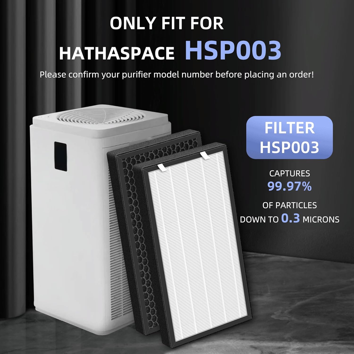 HSP003 True HEPA Filter Replacements for Hathaspace Air Purifier Filters HSP003,3 in 1 H13 True HEPA Filter with Activated Carbon Pre-Filter,2 Pack - Image 3