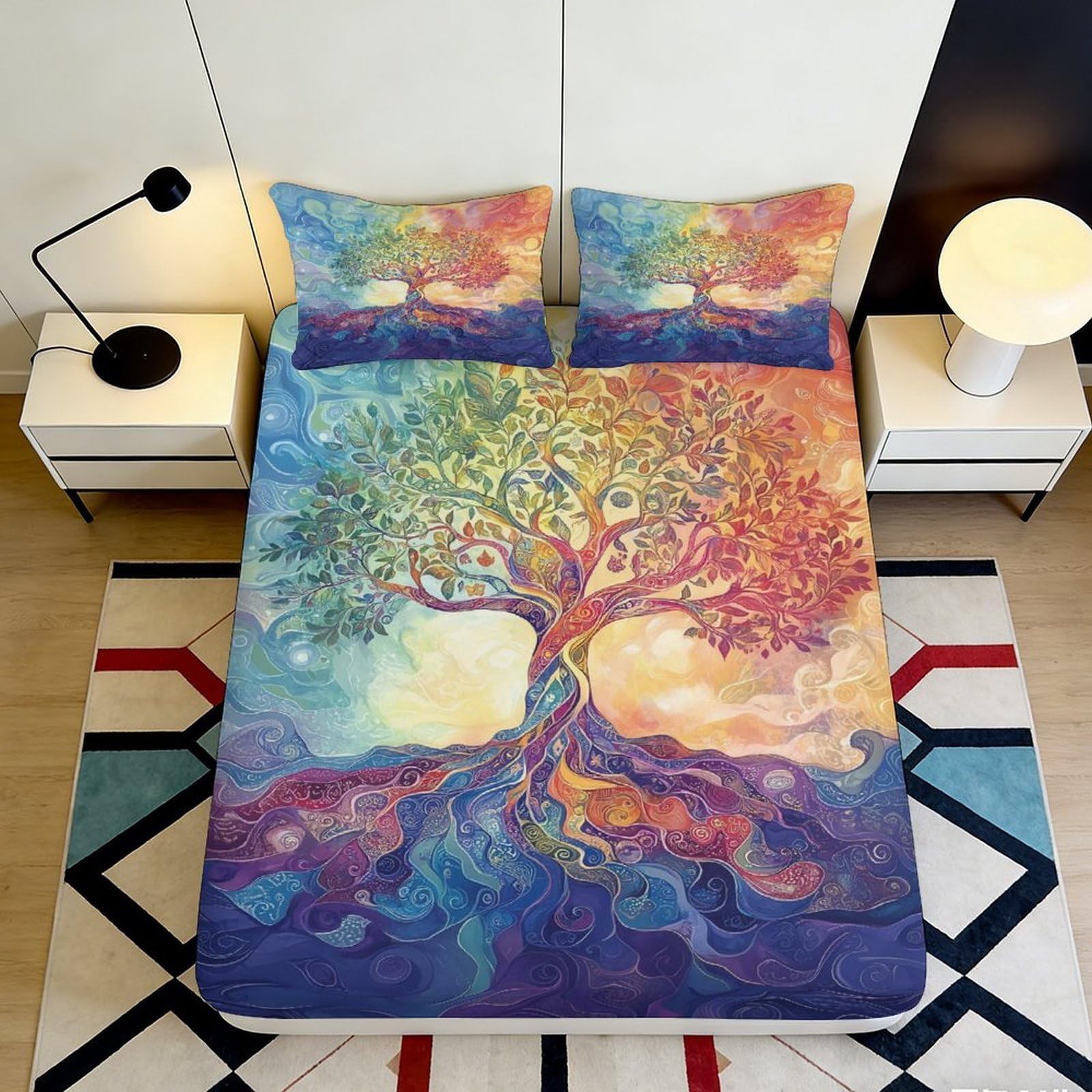 3D Printed Colorful Tree of Life Fitted Sheet Microfiber Soft Bedroom Decor Abstract Roots Mattress Cover 90x200x25cm