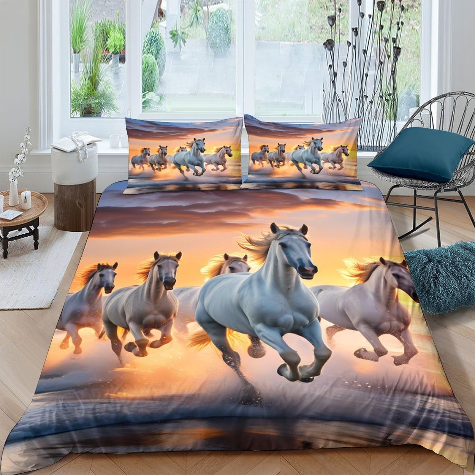 Ctjqhvkz Style-10 3D Printed Running Horses Fitted Sheet Microfiber Soft Decor Sunset Beach Bed Cover For Bedroom Guest Room Single（135X200cm）
