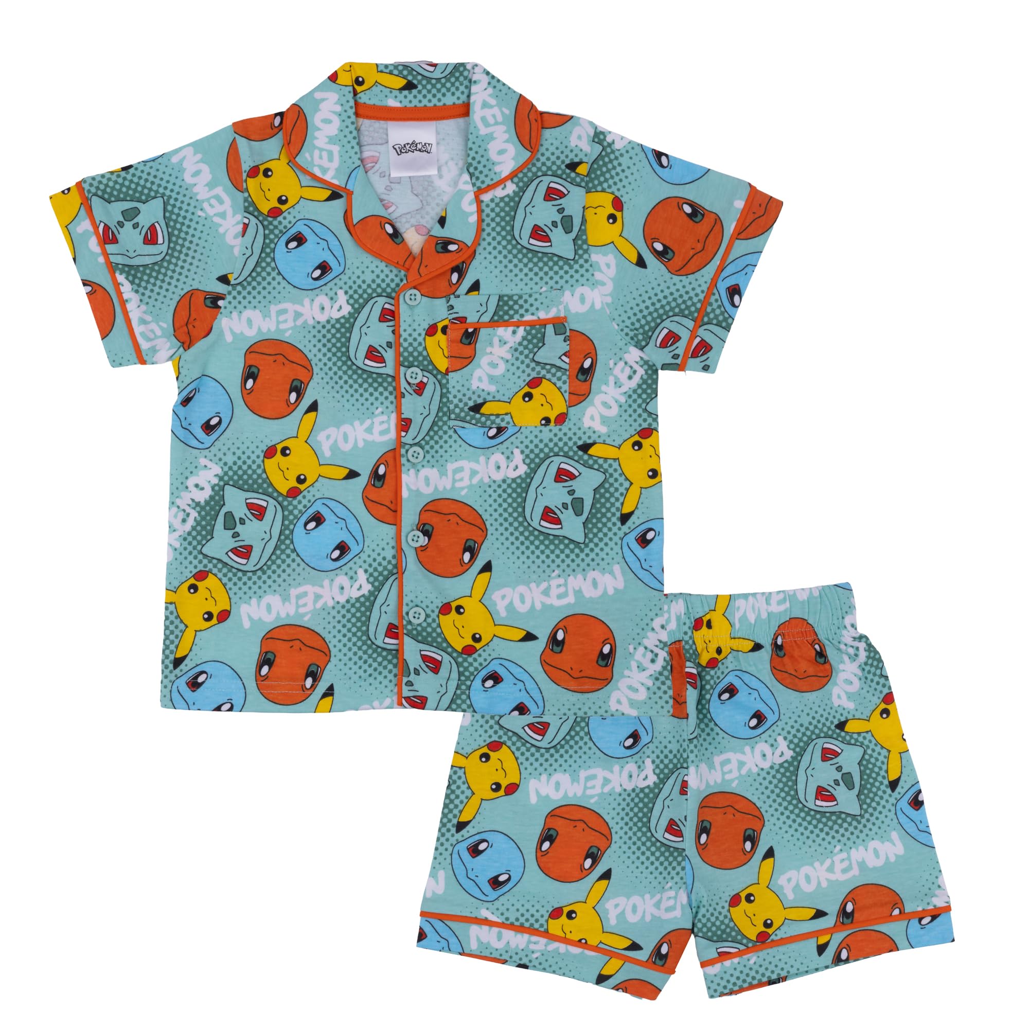 Pokémon, Pikachu, Squirtle, Bulbasaur, Charmander, 100% Cotone con Bottoni Pigiama a Maniche Corte, Green, Verde