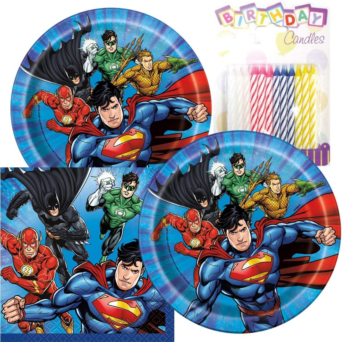 Justice League Happy Birthday Plates & Napkins Party Supplies - 7" Happy Birthday Party Plates for Desert Or Cake Serves 16 - Birthday Paper Plates & Napkin Set Plus 24 Birthday Candles