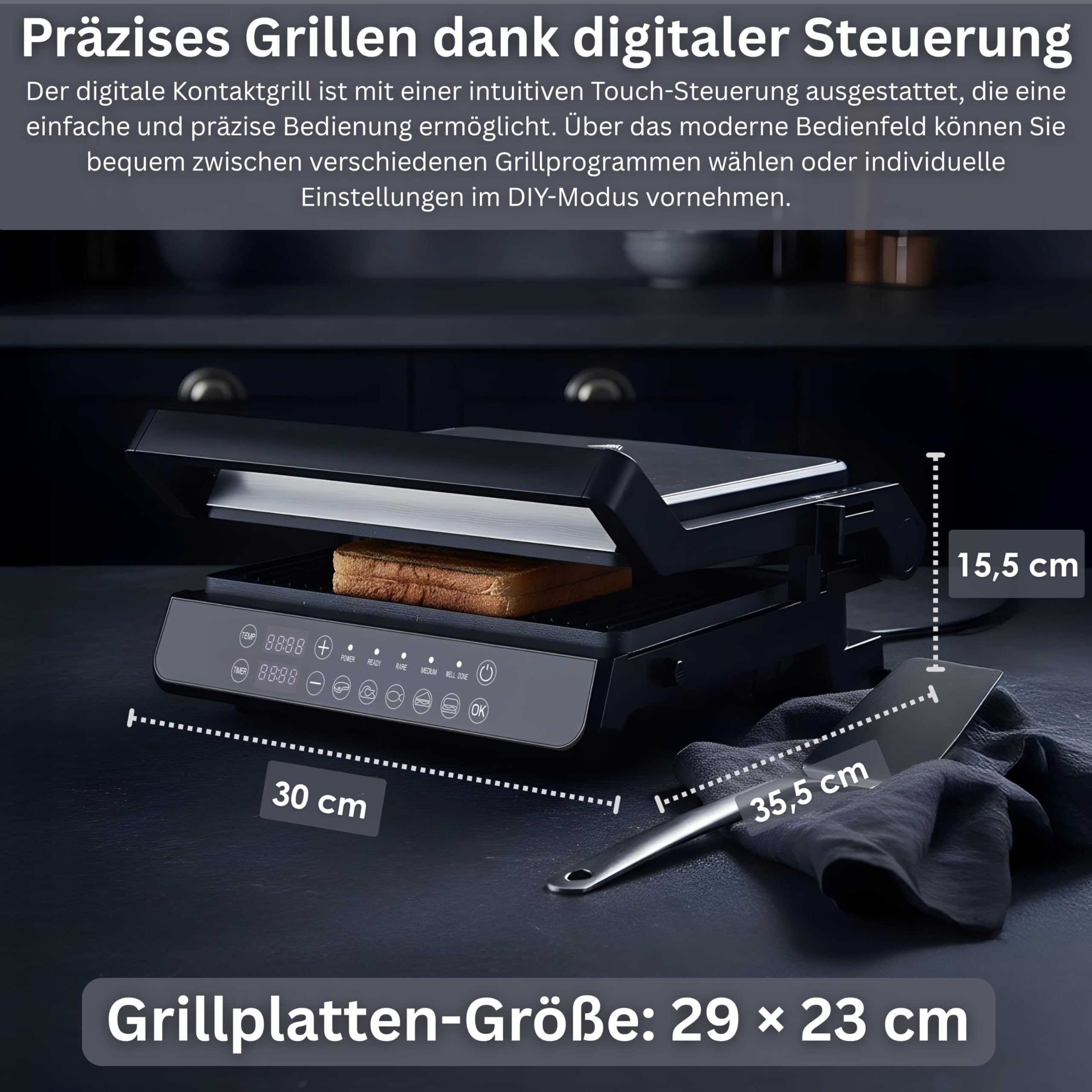 Zilan Digitaler Kontaktgrill abnehmbare Platten spülmaschinengeeignet 2000W Touch Bedienung, 5 Programme elektrischer Grill - Tischgrill - Temperatur- & Timeranzeige - Panini-, Sandwich- & Steakgrill