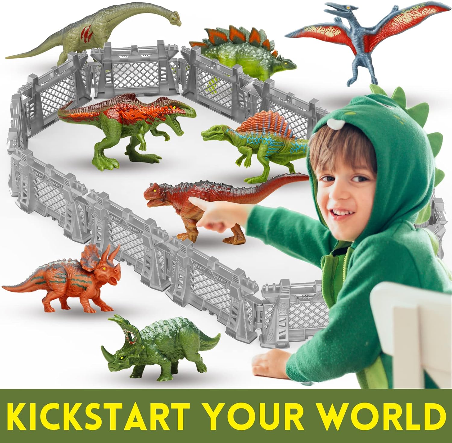 Oriate 12PCS Dinosaur Capture Fencing Accessories Playset, Plastic Dinosaur Cage Fence Toys for Dino Fans, Suitable for Dinosaur World Figures Educational Easter Gifts for Kids n Toddler