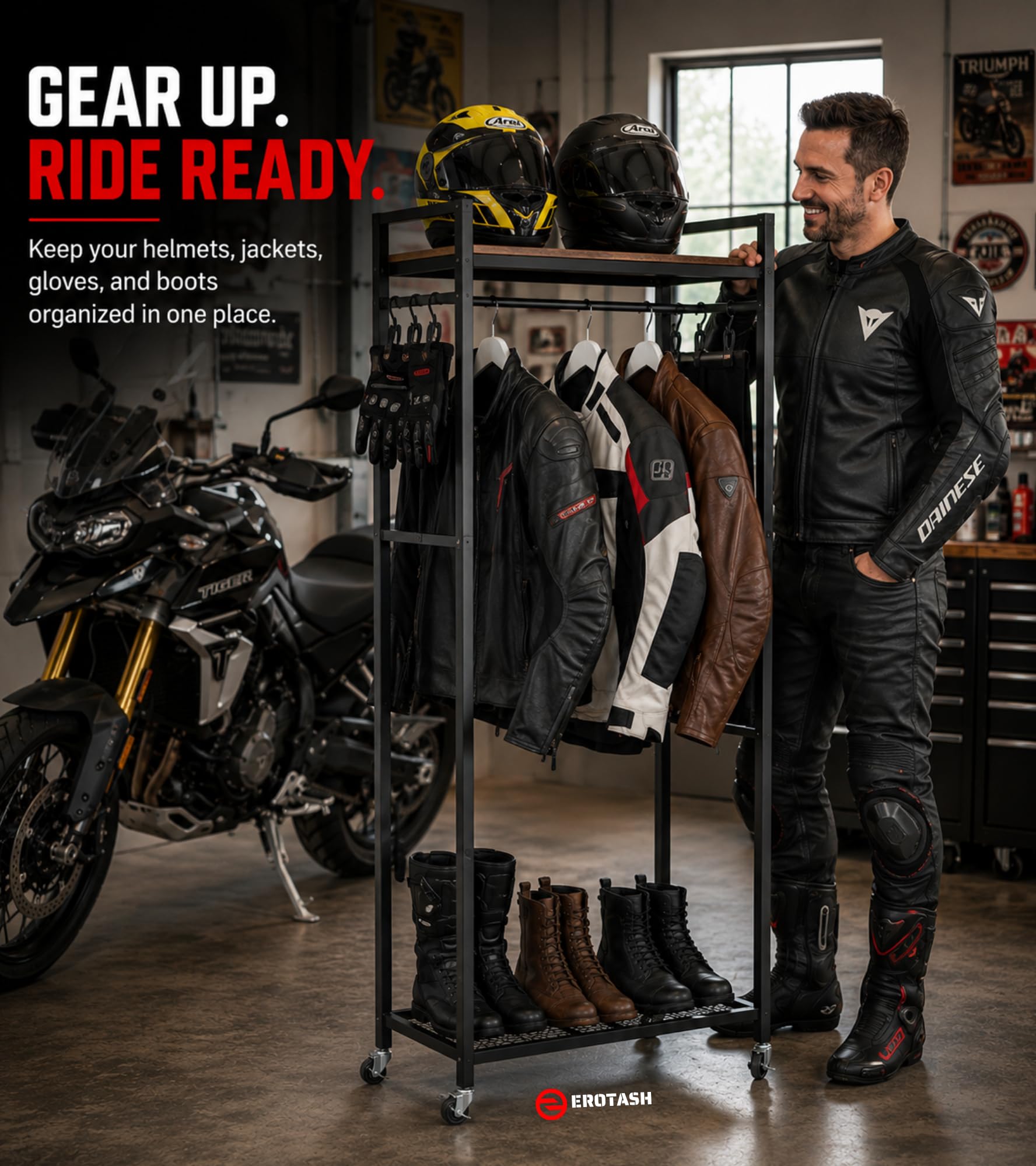 displaying motorcycle helmets garahe EROTASH Helmet Holder, Motorcycle Gear Storage Rack, Display Stand for Accessories, Jacket, Gloves and Boots, Helmet Rack for Garage or Workshop Organization : Automotive Style & Color:Style D Reflective p_Wintersale25 HJC Helmet (MODEL CL-X4,