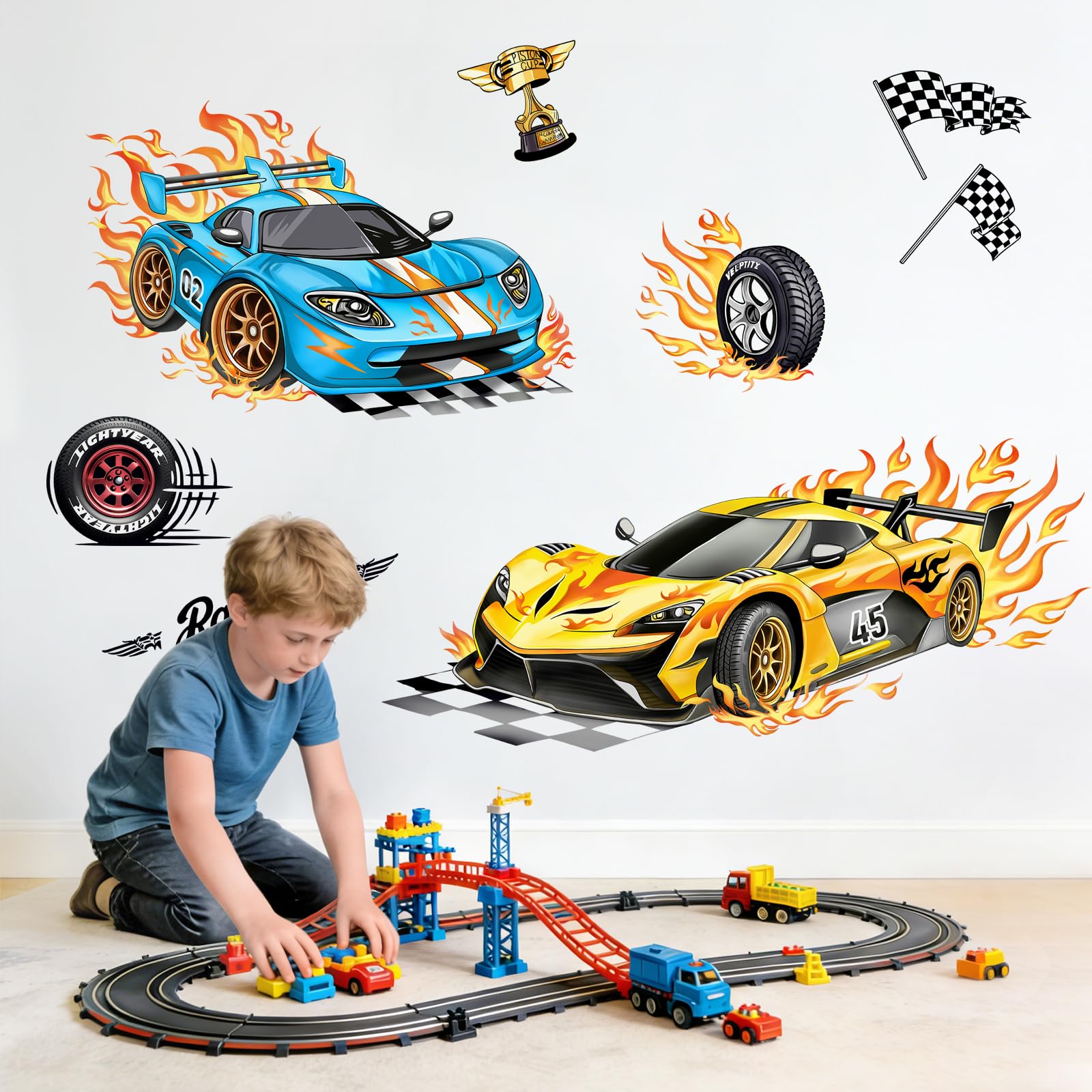 Tanlaby 2 Large Racing Car Wall Decals Yellow Blue Car Trophies Wall Stickers Vinyl Removable Wall Art for Boys Bedroom Kids Room Playroom Classroom Decor