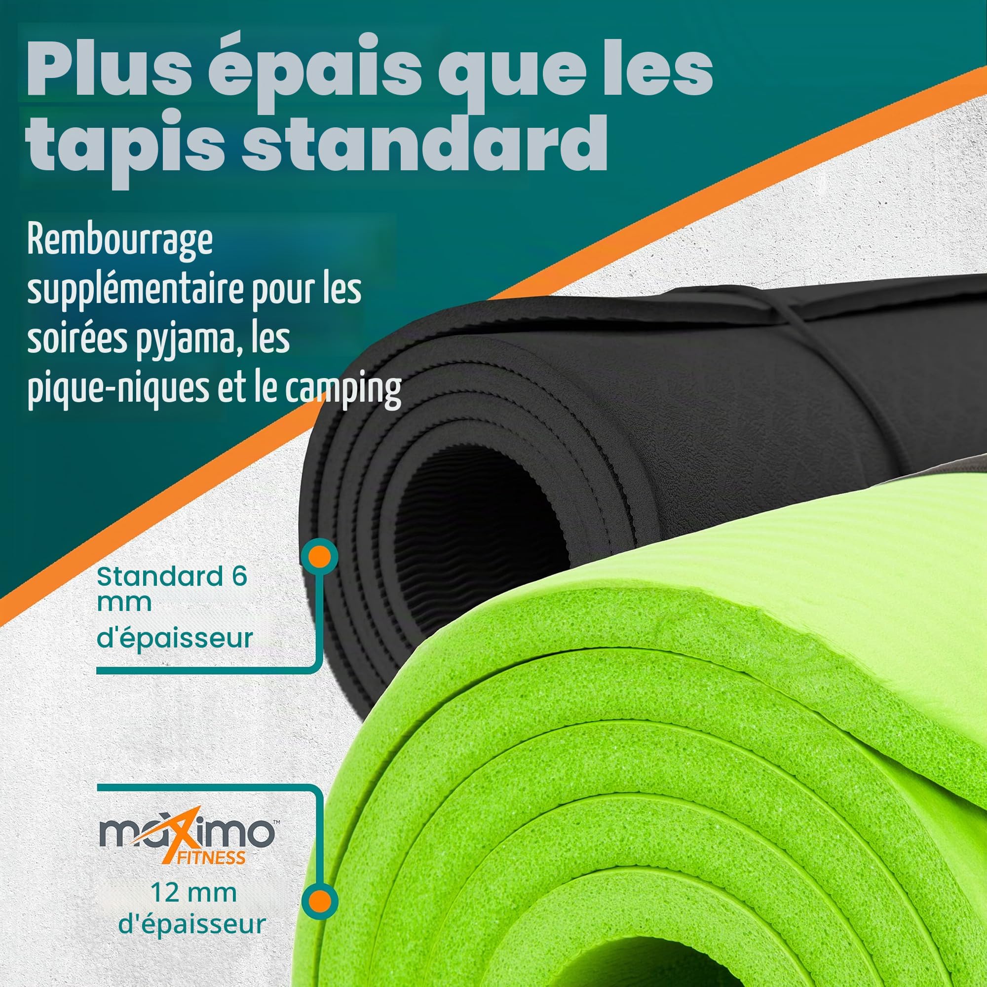 Maximo Fitness Tapis d'exercice physique NBR de haute qualité - Extra épais 12 mm, multi-usage - Parfait pour le yoga, le Pilates, les abdominaux.