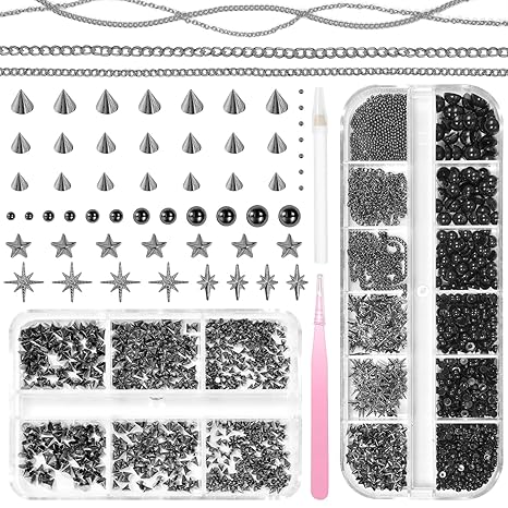 3D Mini Metal Gothic Nail Art Studs Flatback Pearls for Nails Mixed Sizes Gold Black Cone Spikes Rivets Nail Charms Black Punk Half Pearls for DIY Crafts