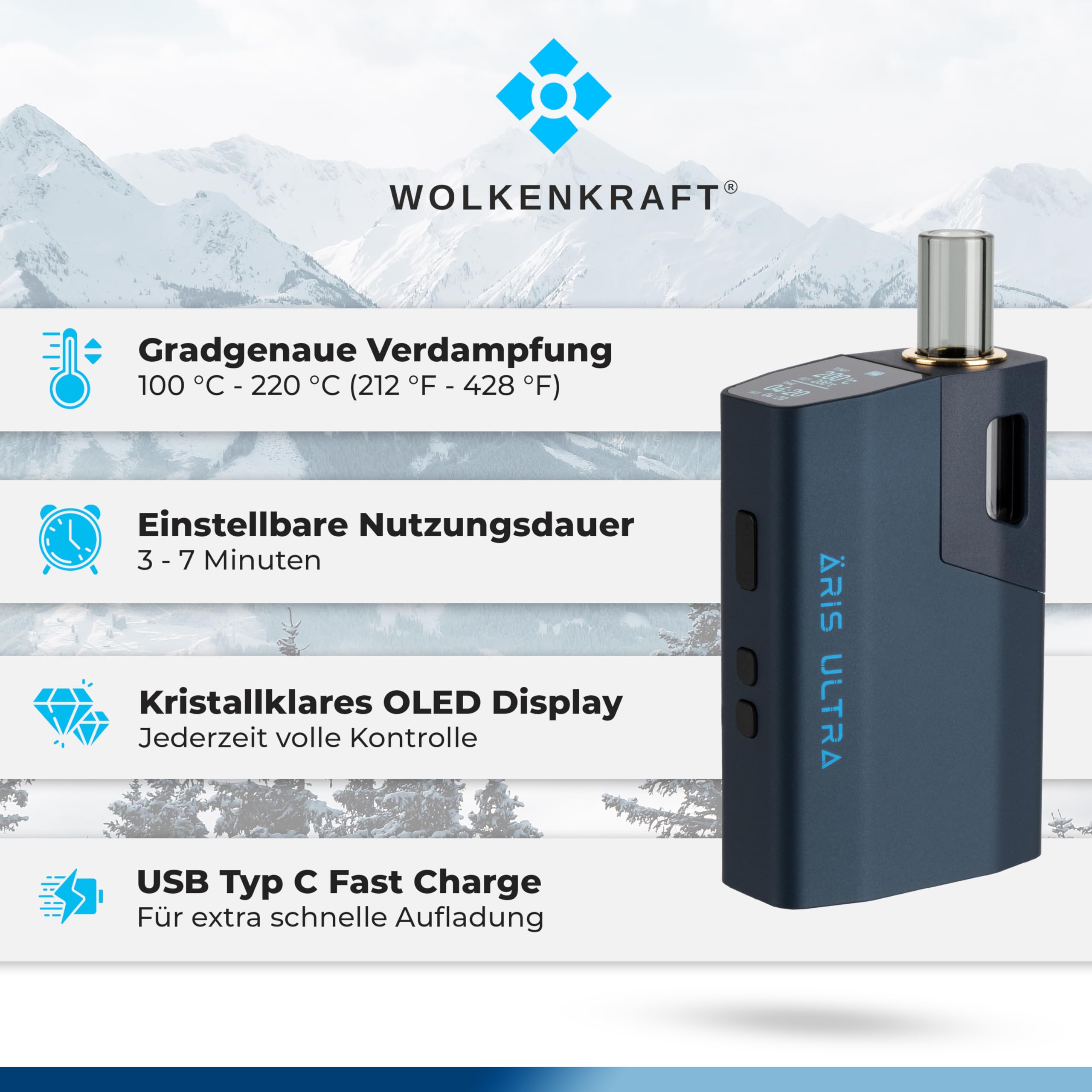 WOLKENKRAFT ÄRiS ULTRA Premium Vaporizer *Nachtblau* | Für Kräuter & Extrakte | USB-C | Titankammer | 100 - 220 °C | 3 - 7 Min. Timer | Hybrid-Konvektion | ECA-Technologie