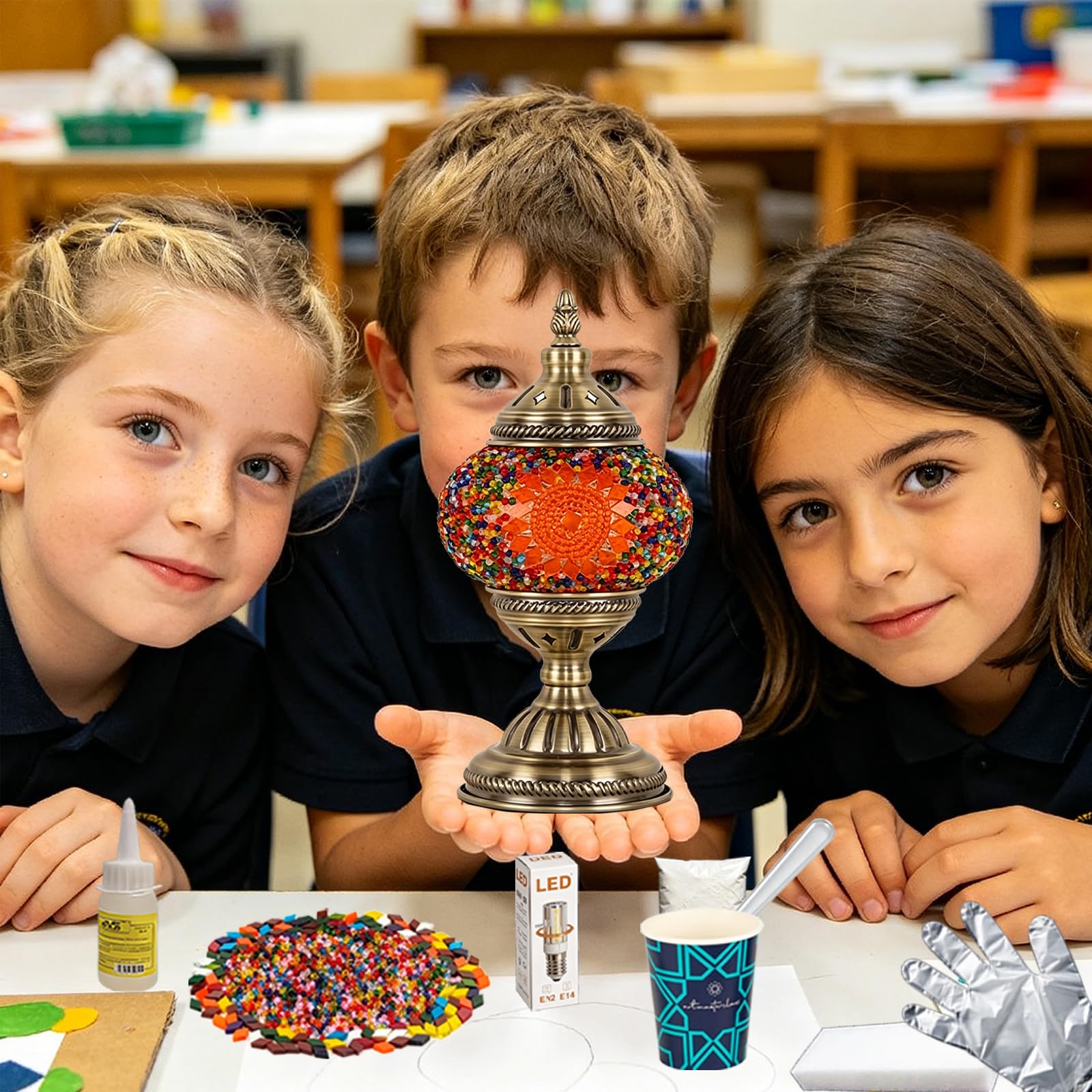 Kit fai da te con lampada a mosaico turco, inclusa lampadina LED alimentata tramite USB con base in bronzo, lampada da comodino in stile marocchino, luce notturna turca per camera da letto