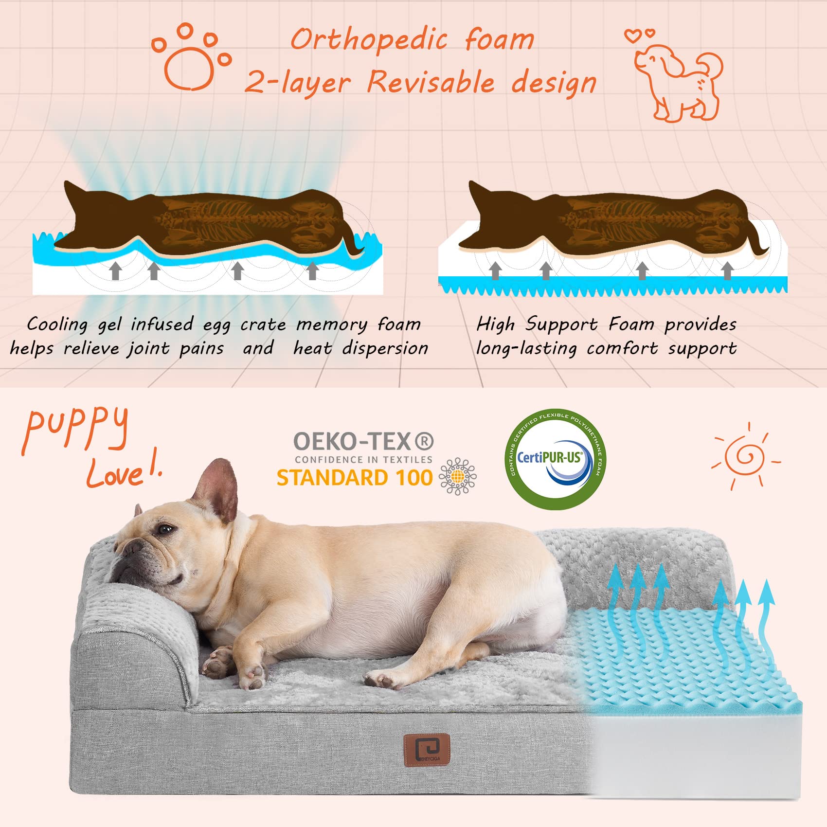 EHEYCIGA Memory Foam Orthopedic Dog Bed for Medium Dogs, Waterproof Medium Dog beds with Washable Removable Cover, Dog Sofa Bed, L Shaped Pet Bed with Waterproof Lining and Nonskid Bottom, Grey