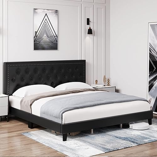 Miniatura 5 de Marco de cama tapizado matrimonial, marco de cama de plataforma tamaño matrimonial con cabecero, moderno marco de cama de cuero hecho a mano, fácil