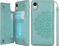 Vista 10 de iCoverCase Funda compatible con iPhone XR con tarjetero para mujer, con bloqueo RFID en relieve, de piel sintética, con correa de muñeca