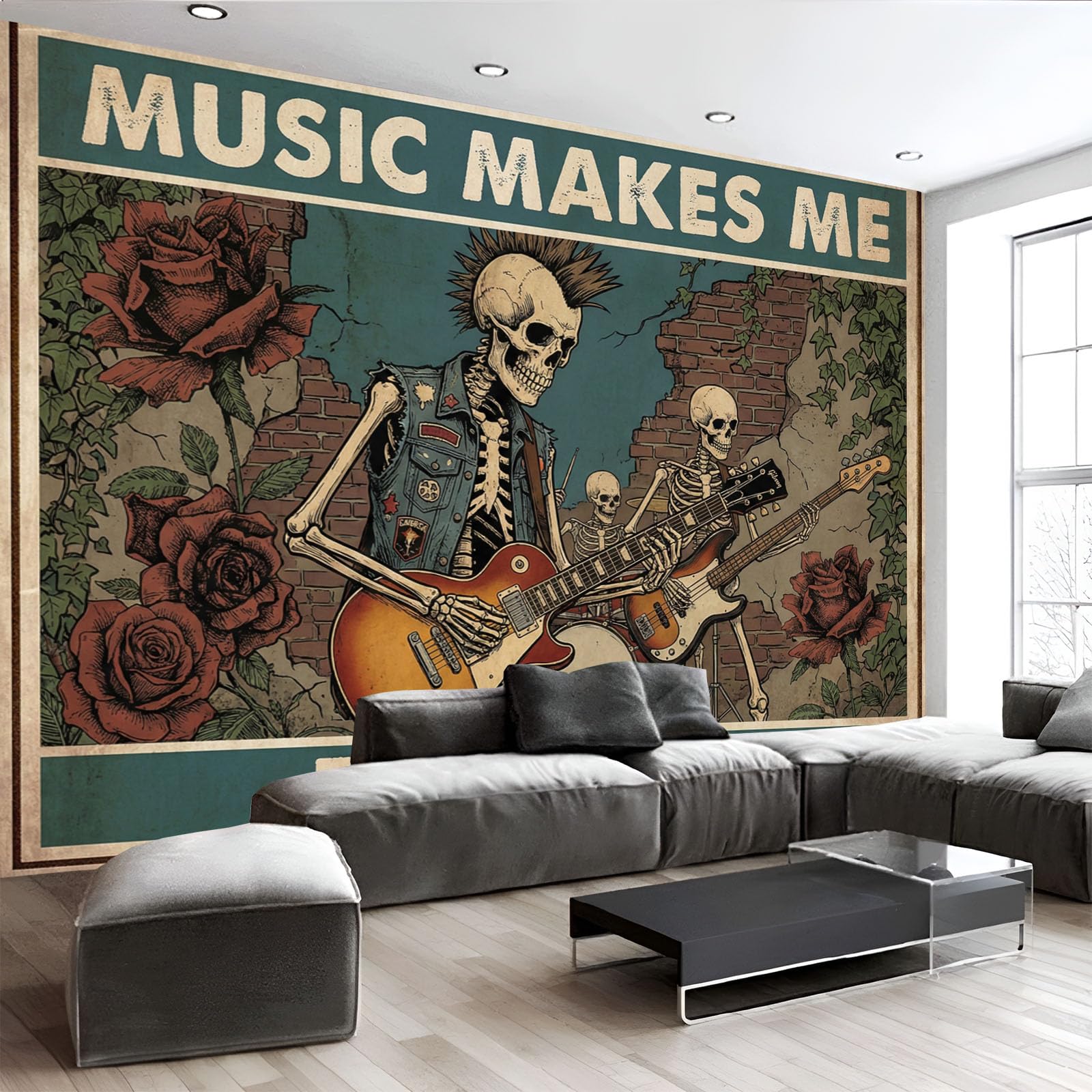 Carta Da Parati Fotomurale 250X175Cm Rock Skull Band Poster Punk Retrò Carta Da Parati Panoramica 3D Seta, Marrone Decorazione Da Muro Poster Soggiorno Camera De Letto Ufficio
