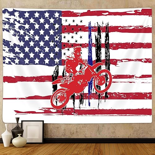 Emwnodti Tapiz de motocross con bandera estadounidense para colgar en la pared, diseño de bandera de Estados Unidos, decoración de pared de moto,