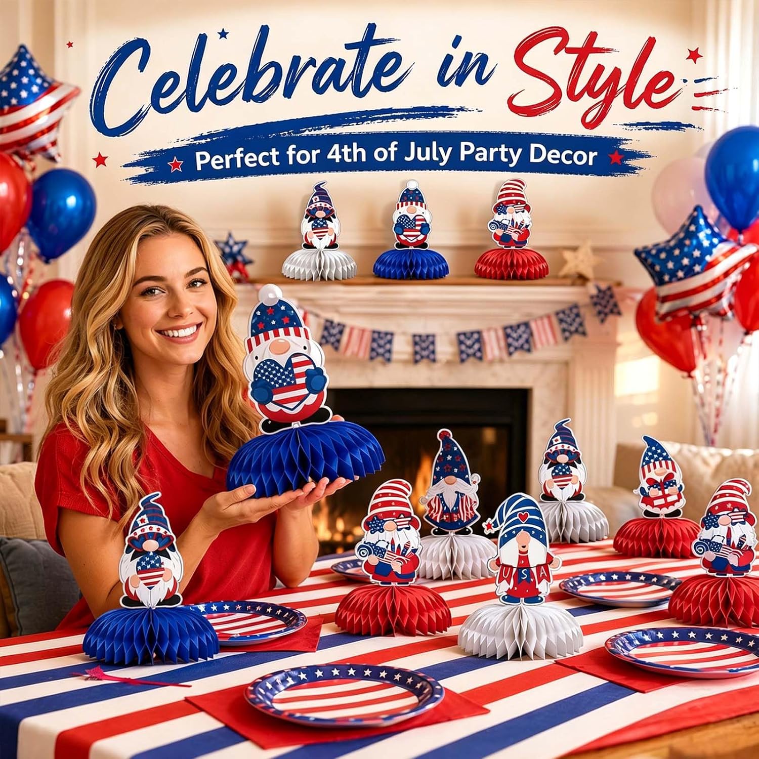 4th of July & Memorial Day Decorations,Gnomes Patriotic Honeycomb Centerpiece Independence，Elves Memorial Day Decorations American Independence Day Gifts image 5