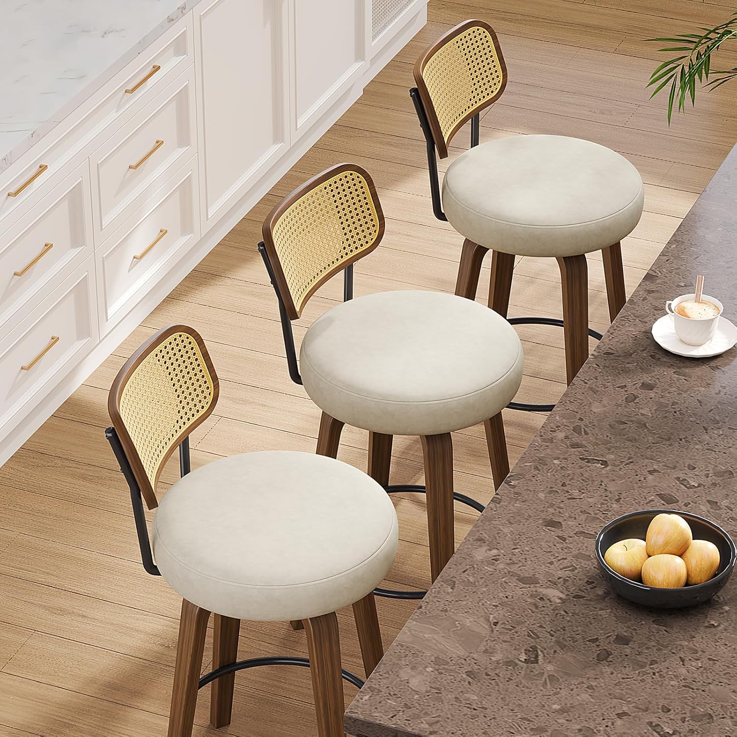 REONEY Swivel Bar Stools Set 4, 26” Counter Height Stools, 360° Smooth Swivel PU Leather Seats with Rattan Back & Walnut Bentwood Legs, Mid-Century Modern Chairs for Kitchen Island, Beige