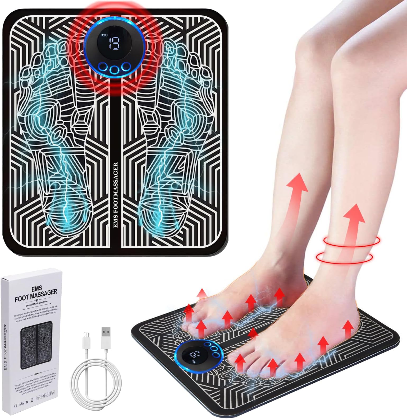 EMS Foot Massager for Pain and Circulation 8 Modes 19 Intensities Electronic Feet Massager Relax Muscle Stimulatior Massage Mat Folding Portable Foot Spa Best Gift for Parents Women Man