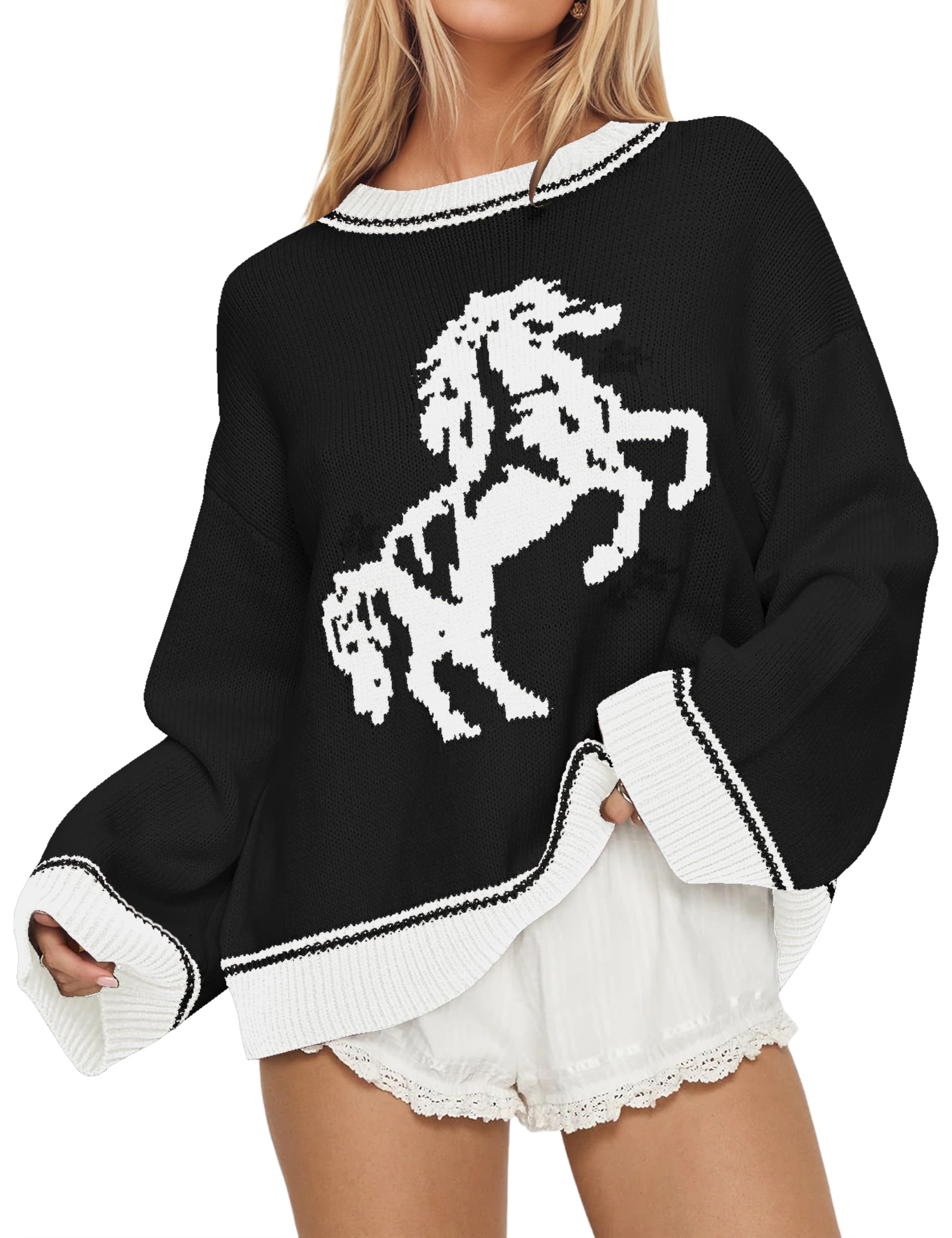 OLAPTA Women Oversized Sweaters Women Crewneck Long Sleeve Horse Print Graphic Pullover Knit Tops Casual Loose Fall Clothes