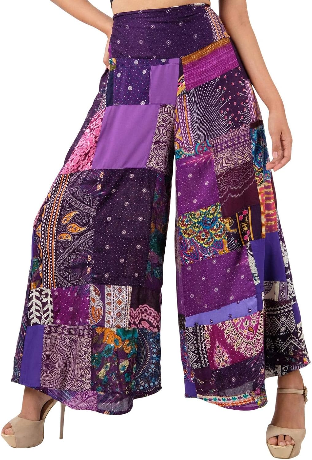 LOFBAZ Women's Patchwork Wide Leg Palazzo Pants Yoga Hippie Harem Trousers