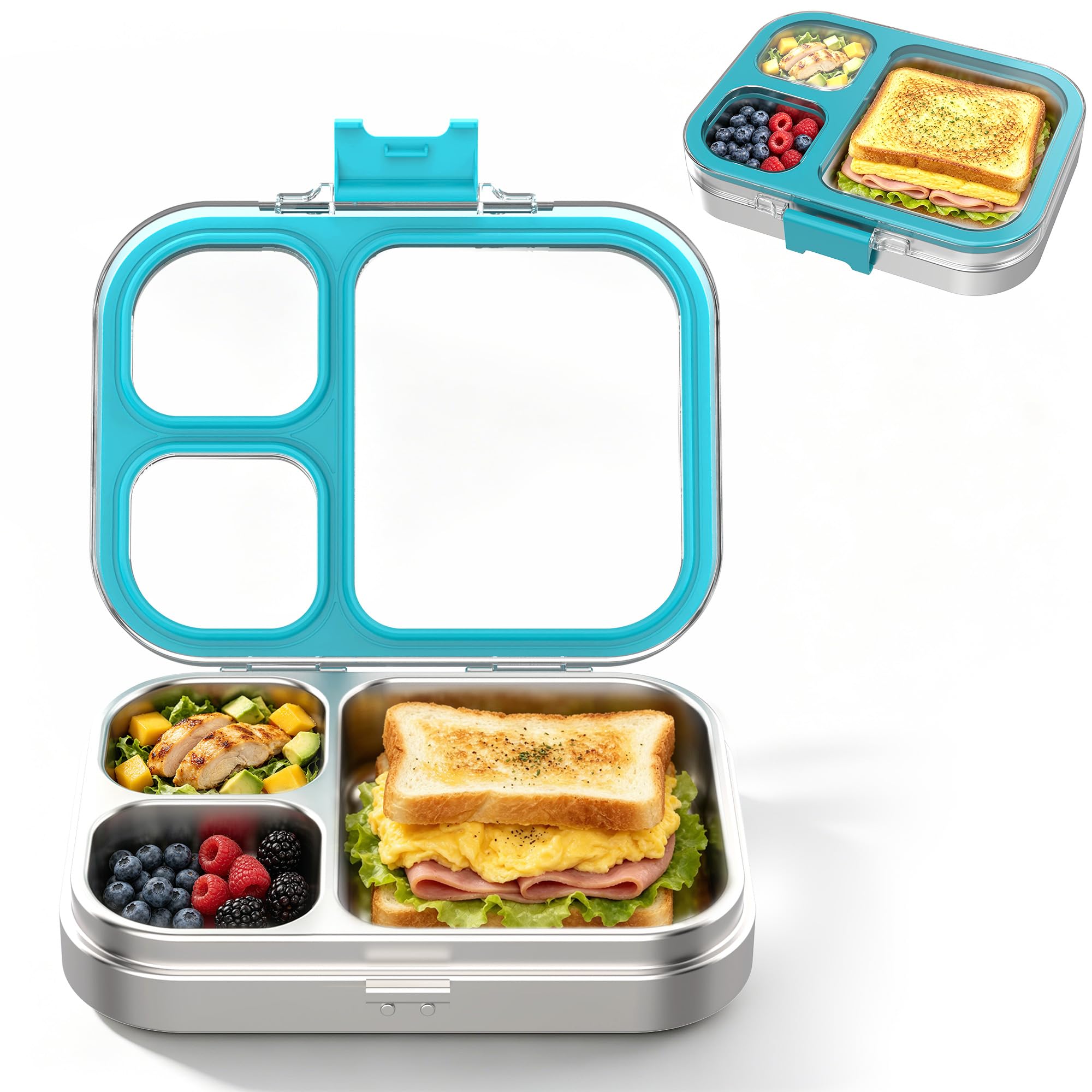 VITONIS Edelstahl Brotdose Lunchbox mit 3 Fächern, Bento Lunch Box Kinder Auslaufsicher BPA frei, Spülmaschinenfest, Perfekt für Schule, Kindergarten & Unterwegs (Blau)