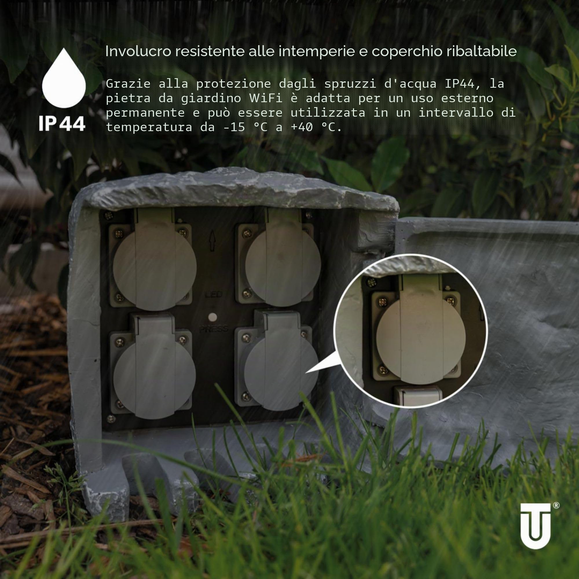 UNITEC Distributore di prese WiFi per giardino effetto pietra, presa da giardino, presa esterna, IP 44, 4 prese, cubi