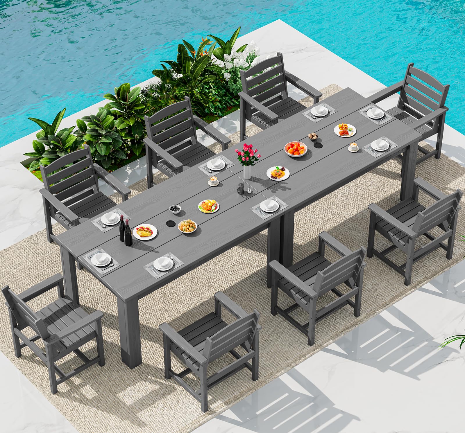 SERWALL Outdoor Dining Set for 8, w/ 2 Tables &amp; 8 Armchairs, Gray