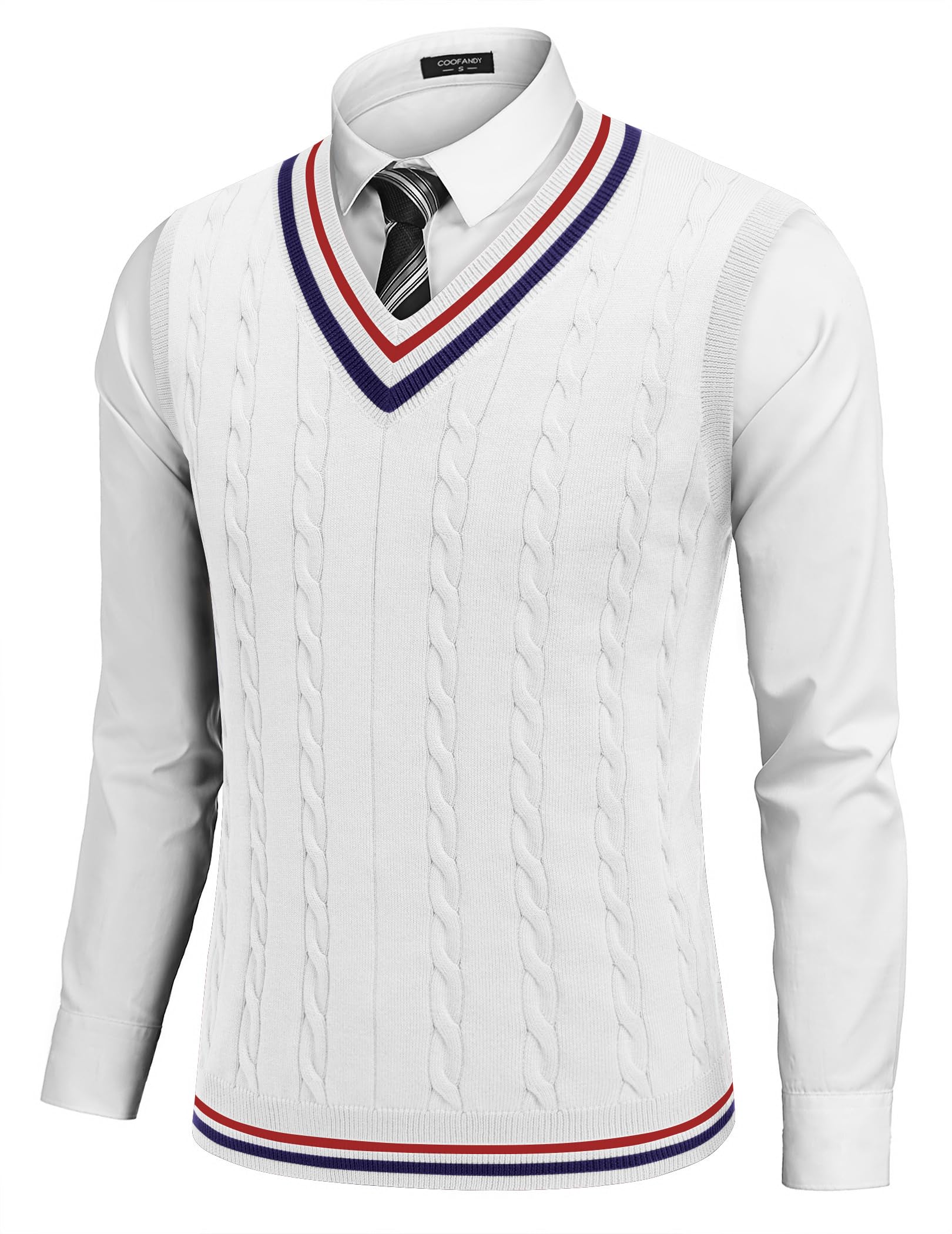 coofandy Men's Sweater Vest V Neck Casual Sleeveless Pullover Striped Cable Knit Sweater Vest-picture-48