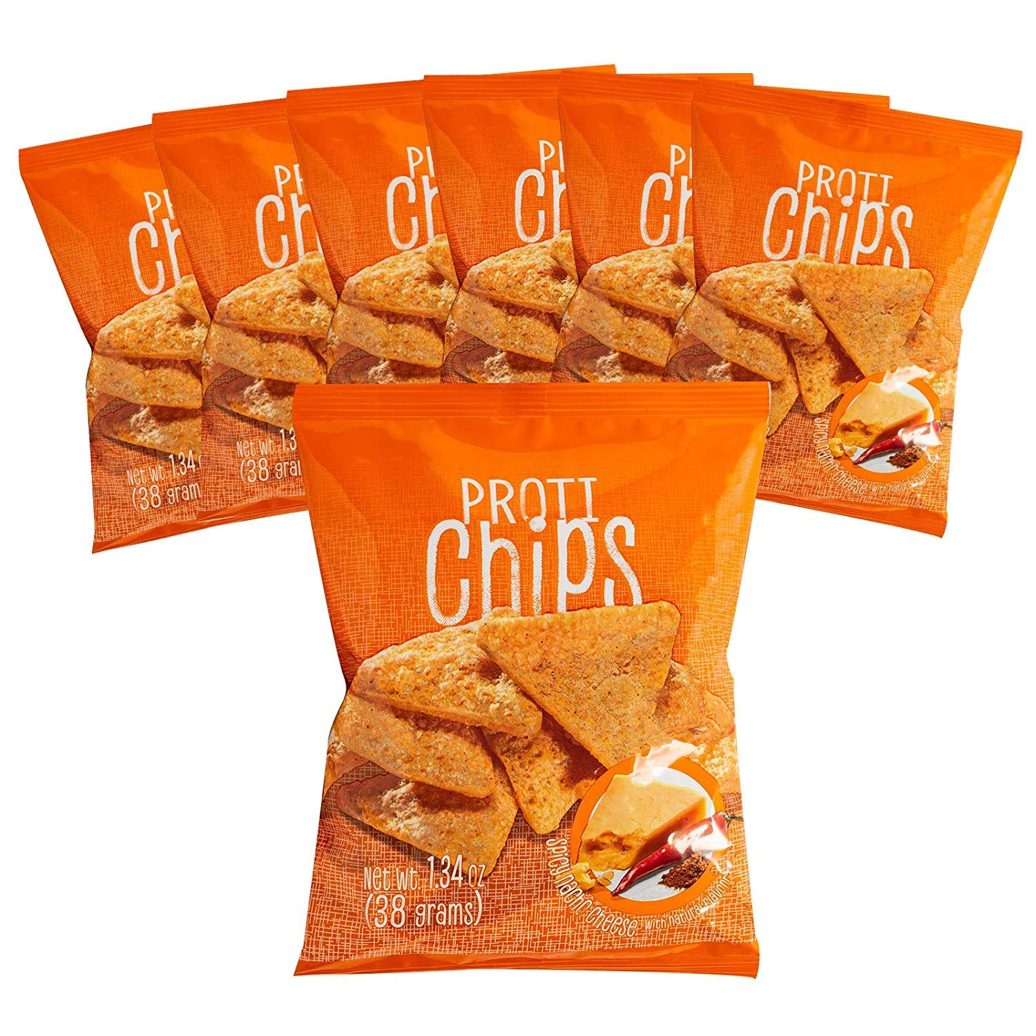 Proti Fit - Spicy Nacho Cheese Proti Protein Chips, 15g Protein, Low Calorie, Low Fat, Low Carb, High Fiber, Gluten Free, Healthy Snack Chips, 7 Single Serving Bags (Spicy Nacho Cheese)