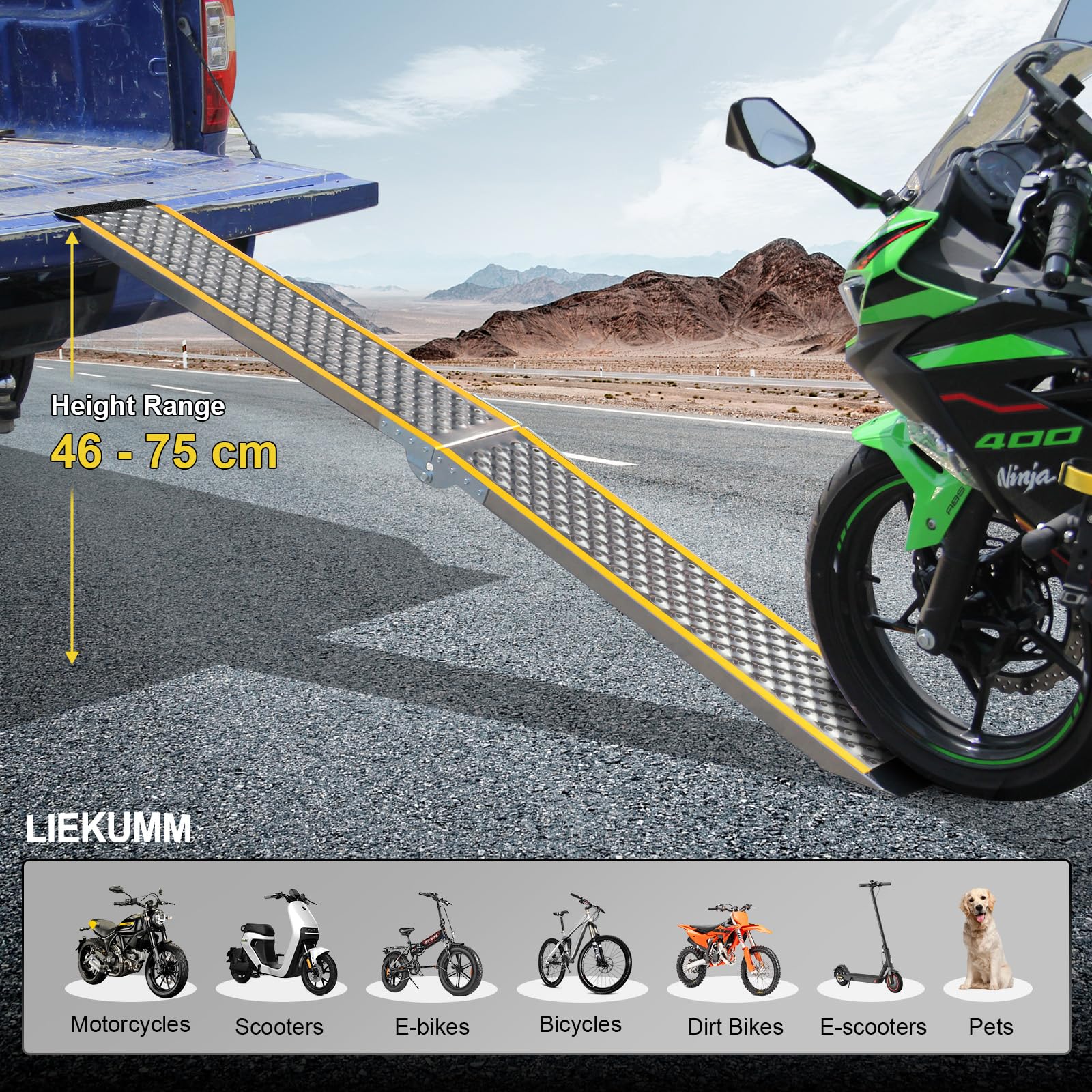 LIEKUMM Rampa di carico leggera per moto, 200 x 21,5 cm, pieghevole, in alluminio, per furgoni, portata 300 kg, antiscivolo, portatile, per E-bike, Dirt Bike, scooter, bici