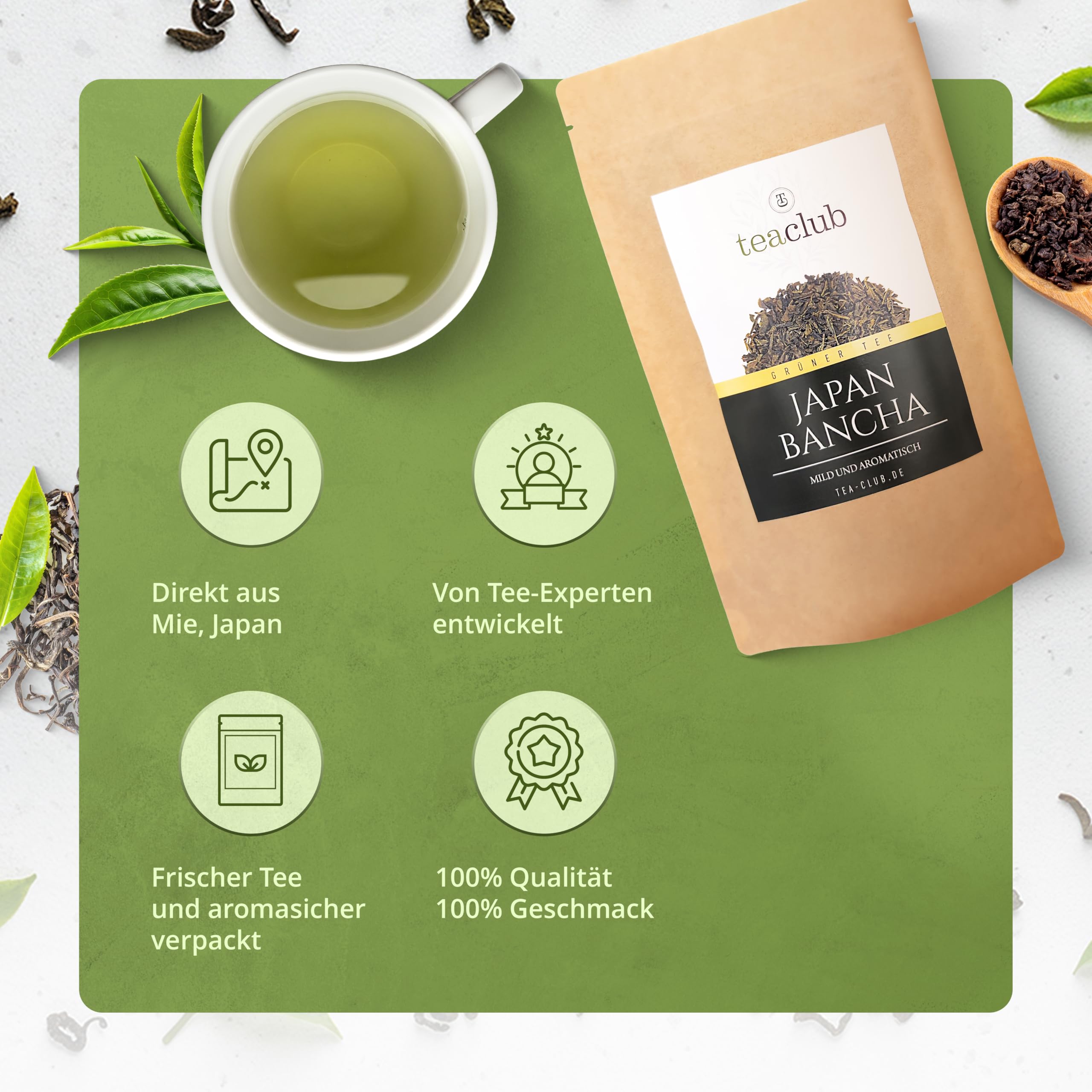 TeaClub Japan Bancha Grüner Tee Lose 500g – Japanischer Grüntee aus Mie | Milder Einsteiger-Grüntee aus Japan, floraler Duft, bis 40L/100g, Green Tea, Doypack