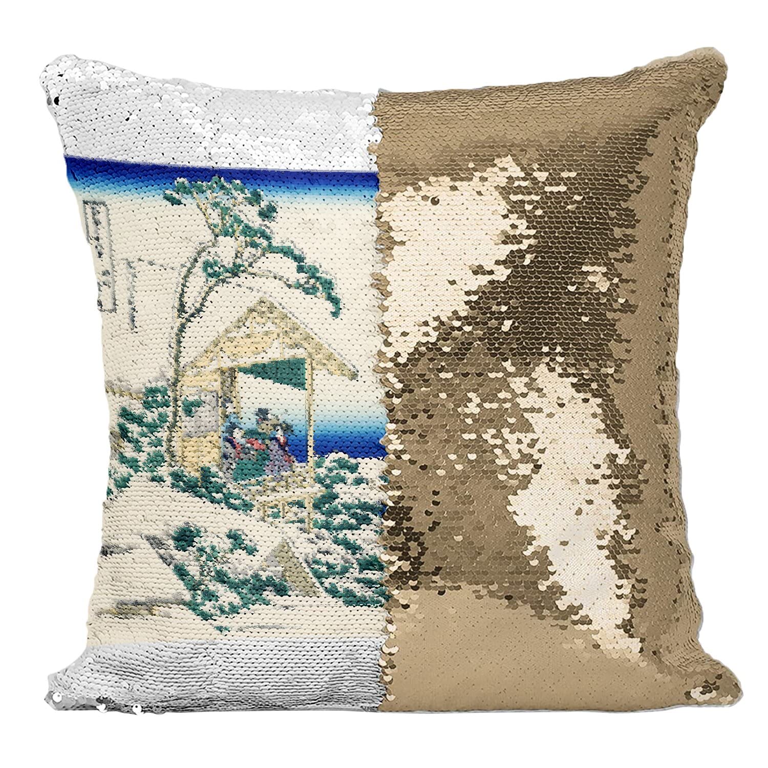 Coussin paillettes doré Hokusai estampe salon thé Koishikawa