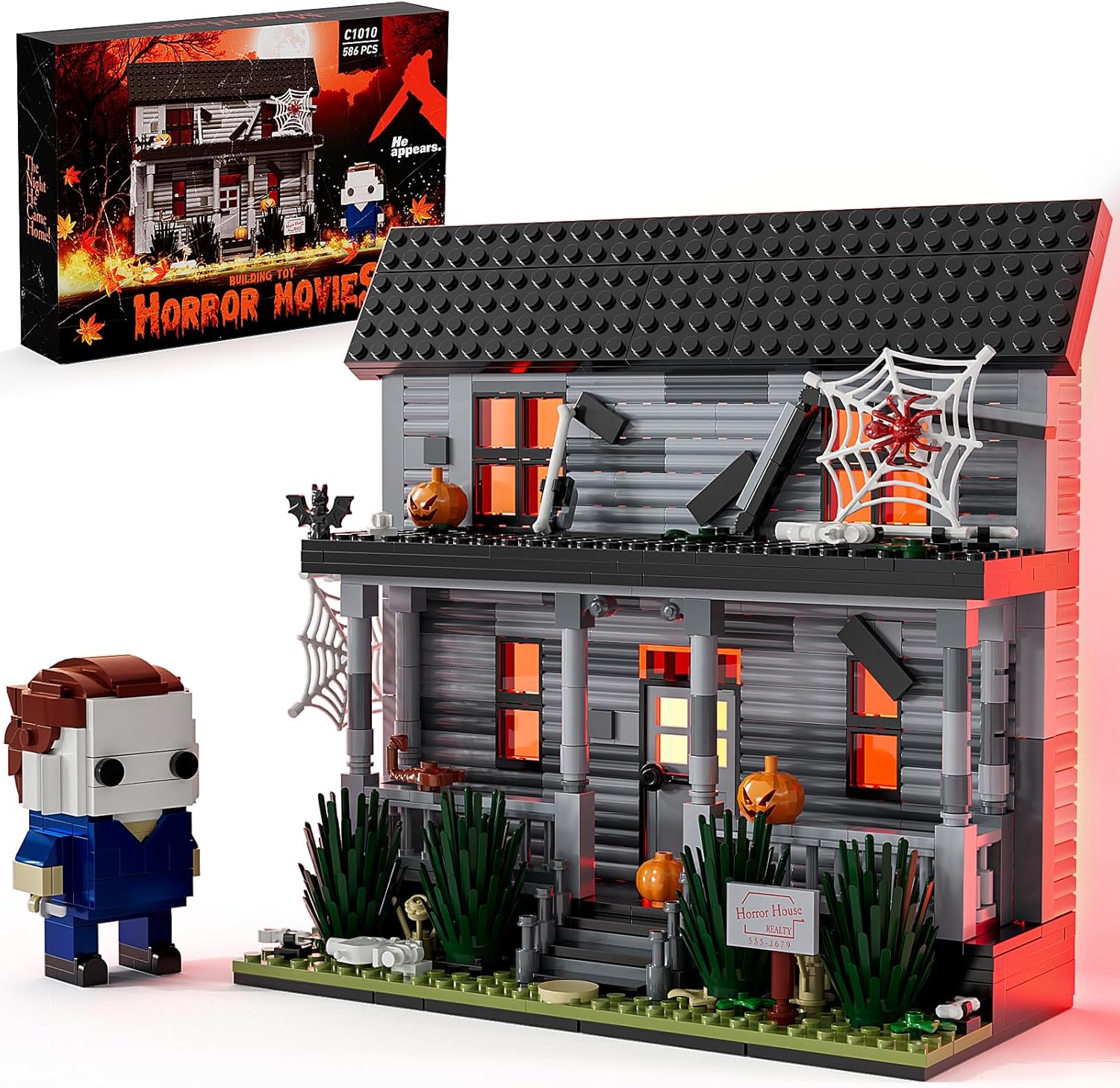 Horror Movie Figure & Haunted House Building Blocks Kits with Led Light for Halloween Decor Compatible for Lego, Collectible Decoration Building Toy, Creative Present for Fans Adults Christmas Holiday