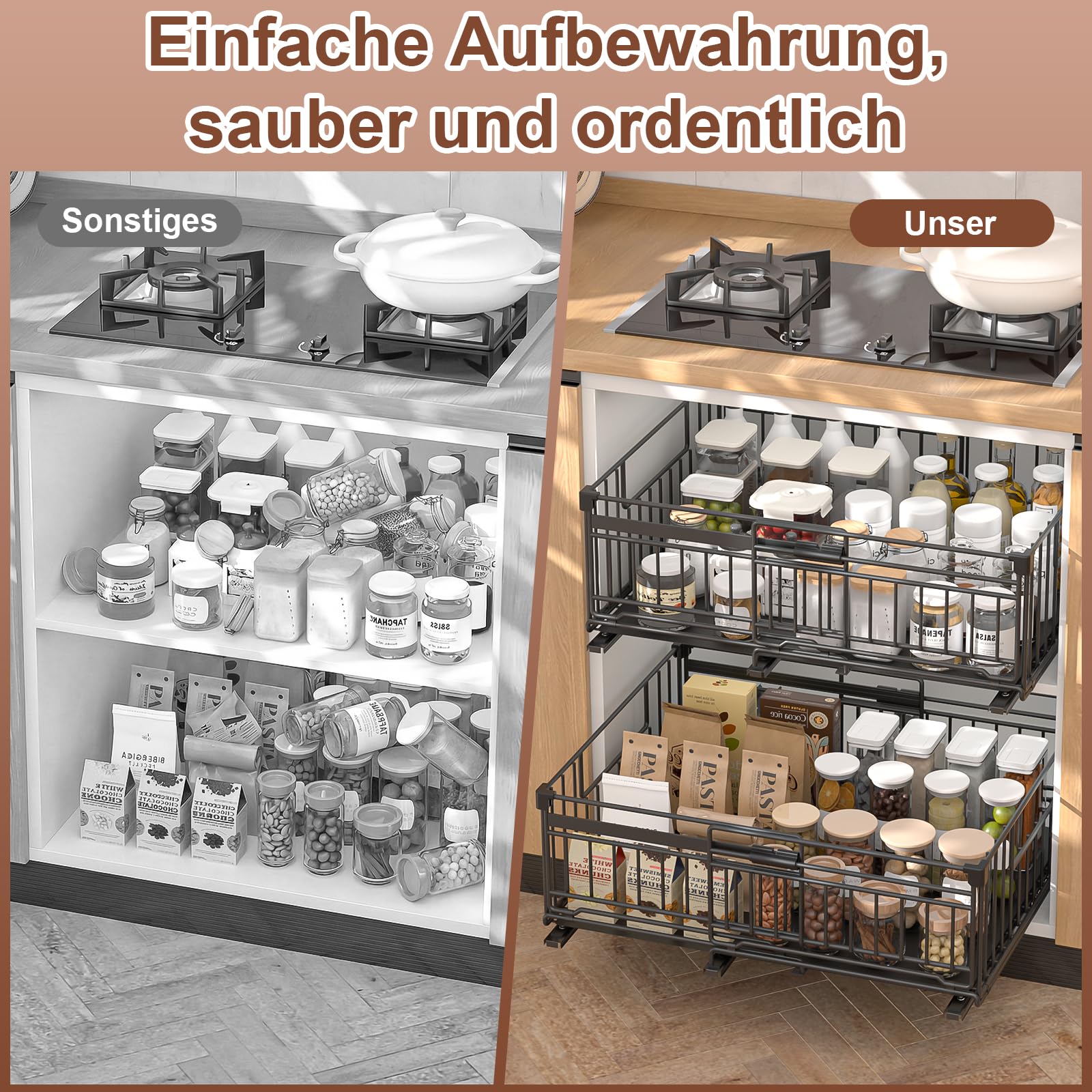 2 Stück teleskopschublade ausziehbare schublade küche mit Kleber,Ausziehbarer Schrank Organizer mit Schienensystem,32.5-50cm Verstellbare Breite teleskopschublade,Schwarz