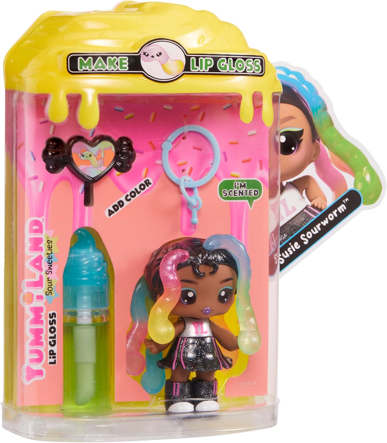 Yummiland Lip Gloss Doll: Sour Sweeties - Sasha Sourworms Includes DIY Lip Gloss + Removable Keychain, Cosmetic Play, Collectible, Ages 4+